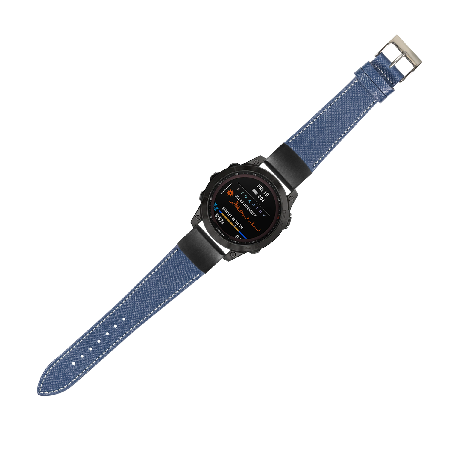 Black digital sports watch with navy blue saffiano leather strap and white stitching, featuring AMOLED display and metal buckle