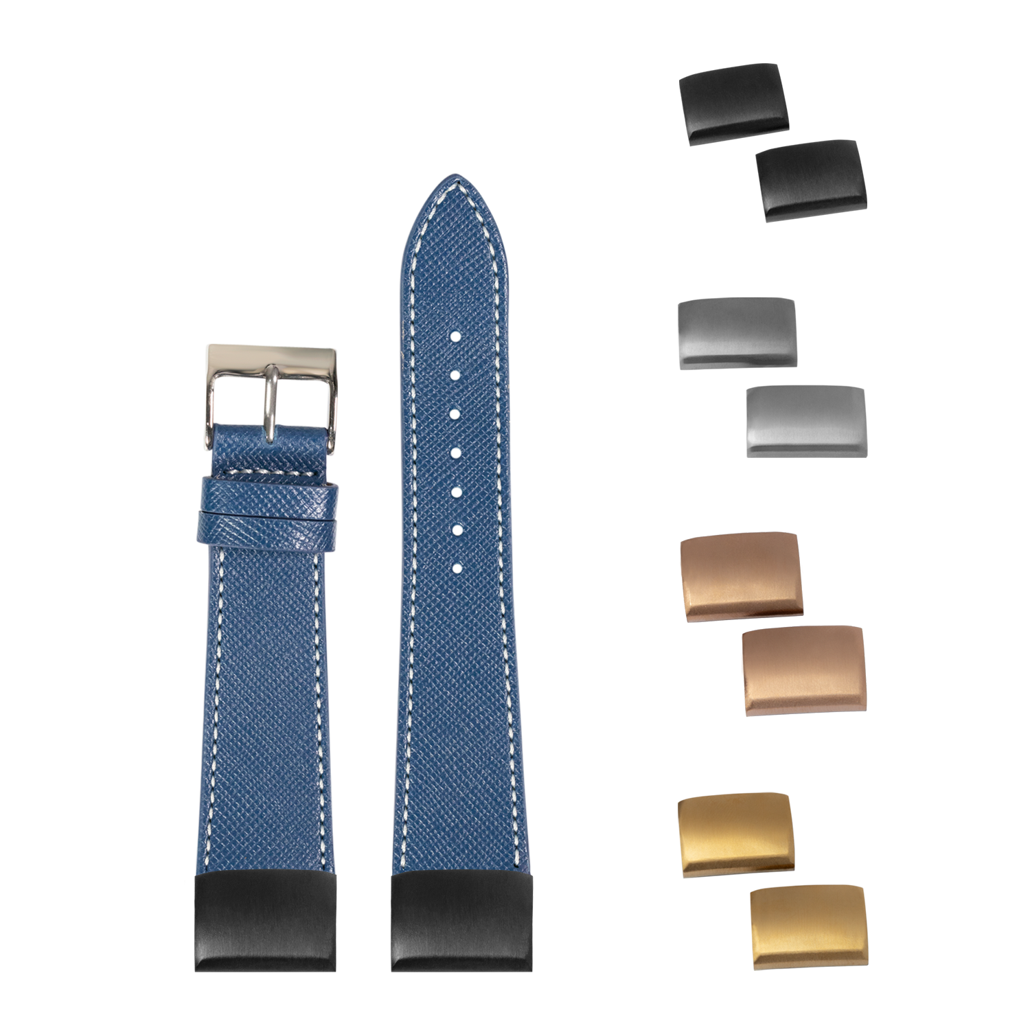 Blue Saffiano leather watch strap with white stitching, interchangeable metal buckles in silver, bronze and gold finishes