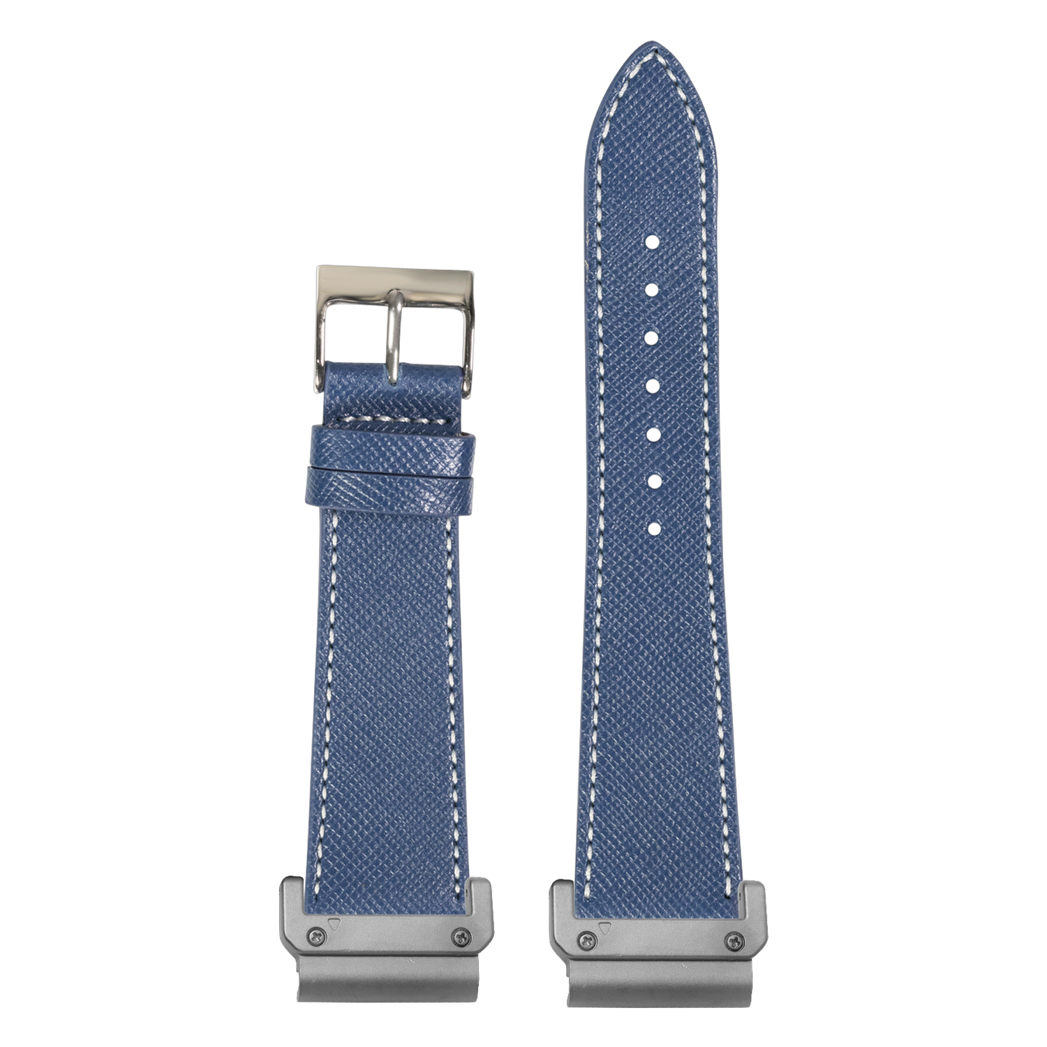 Saffiano Leather Navy Blue White Stitching strap with QuickFit adapters attached to both ends