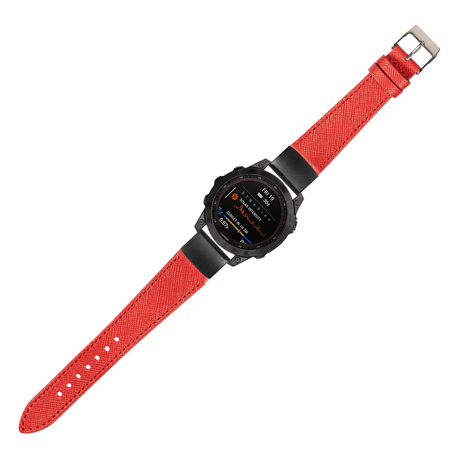 Black digital smartwatch with red Saffiano leather QuickFit band and metal buckle, featuring AMOLED display showing fitness metrics