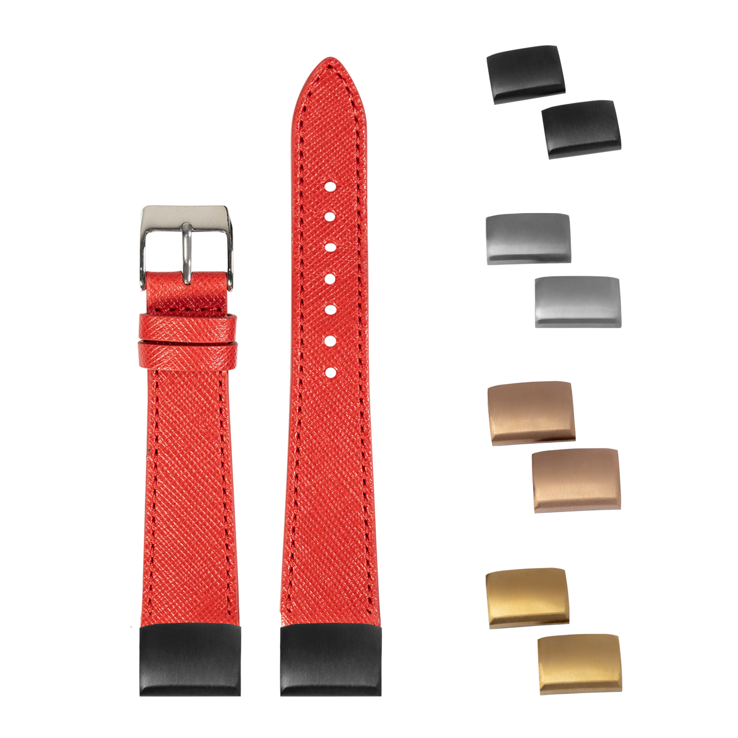 Red Saffiano leather watch band 20mm with interchangeable metal buckles and quick-fit spring bars