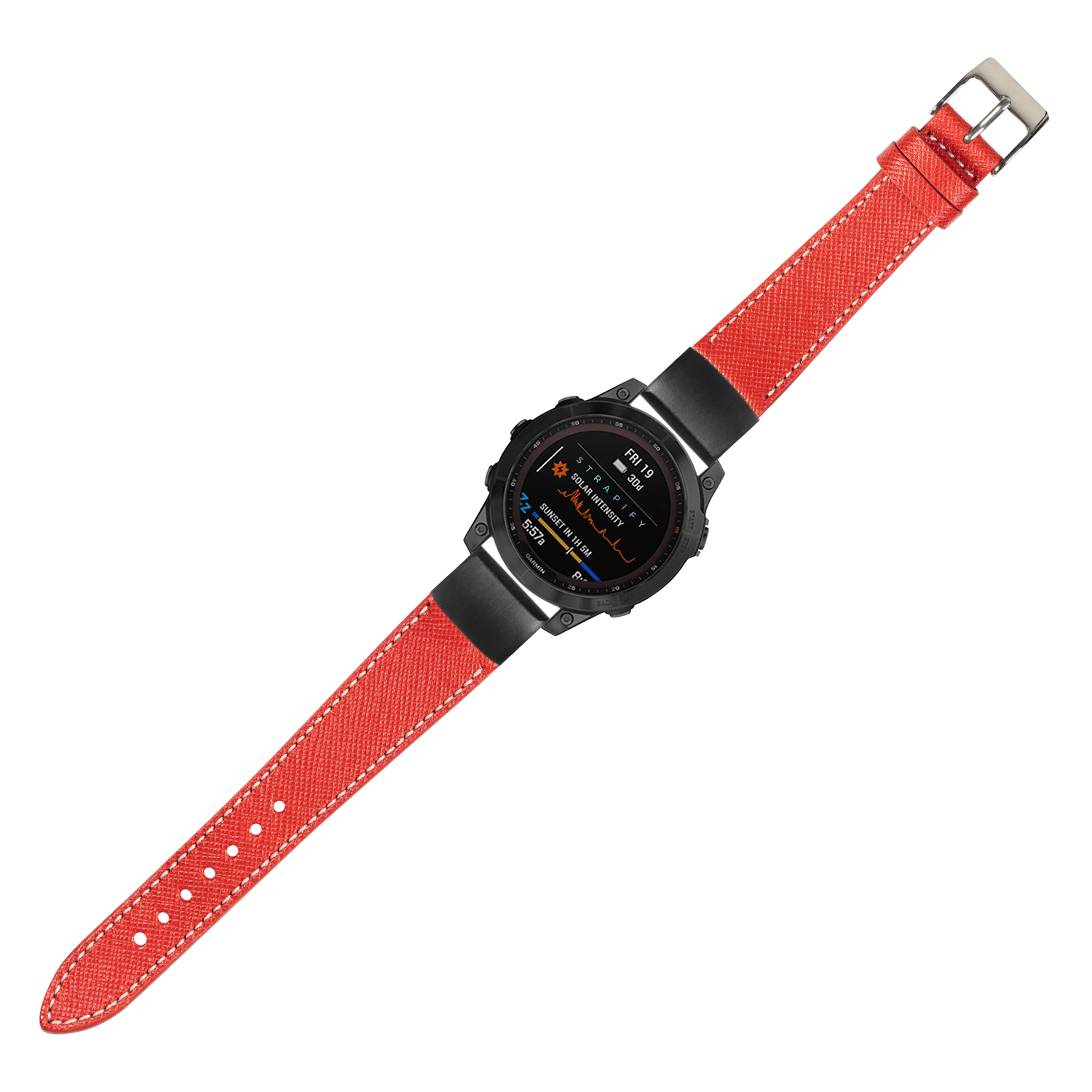 Black digital smartwatch with red saffiano leather strap and white stitching, QuickFit 20mm band