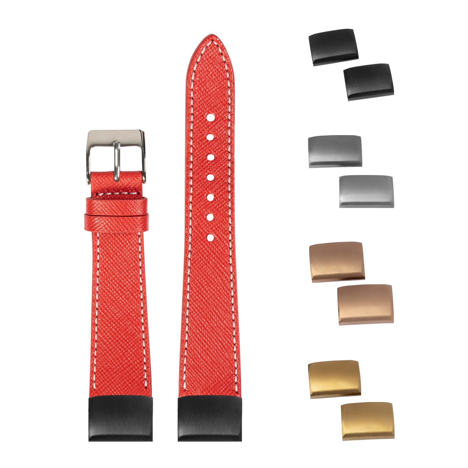 Red Saffiano leather quick-fit watch strap 20mm with white stitching, interchangeable buckles and metal hardware