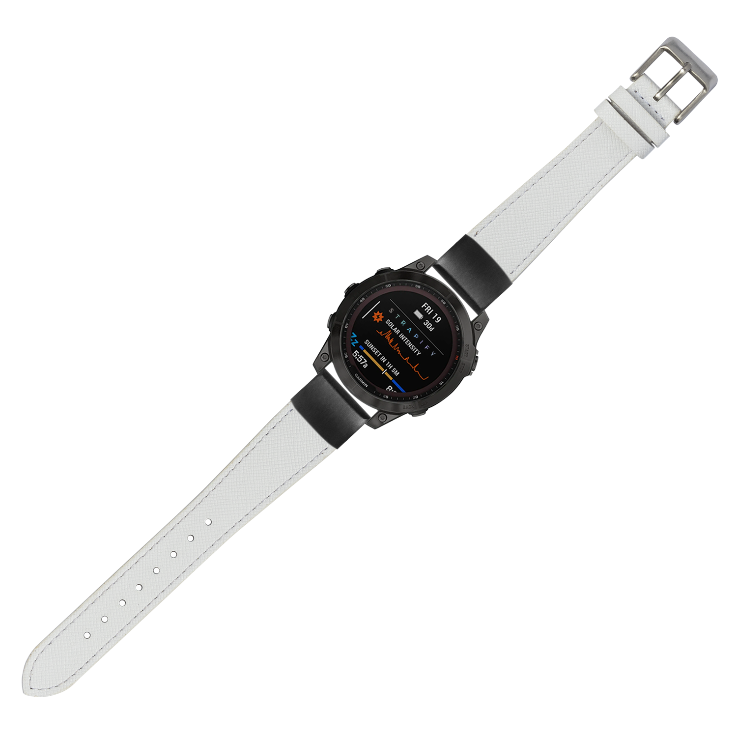 Black smartwatch with AMOLED display and white Saffiano leather QuickFit 20mm watch band with metal buckle