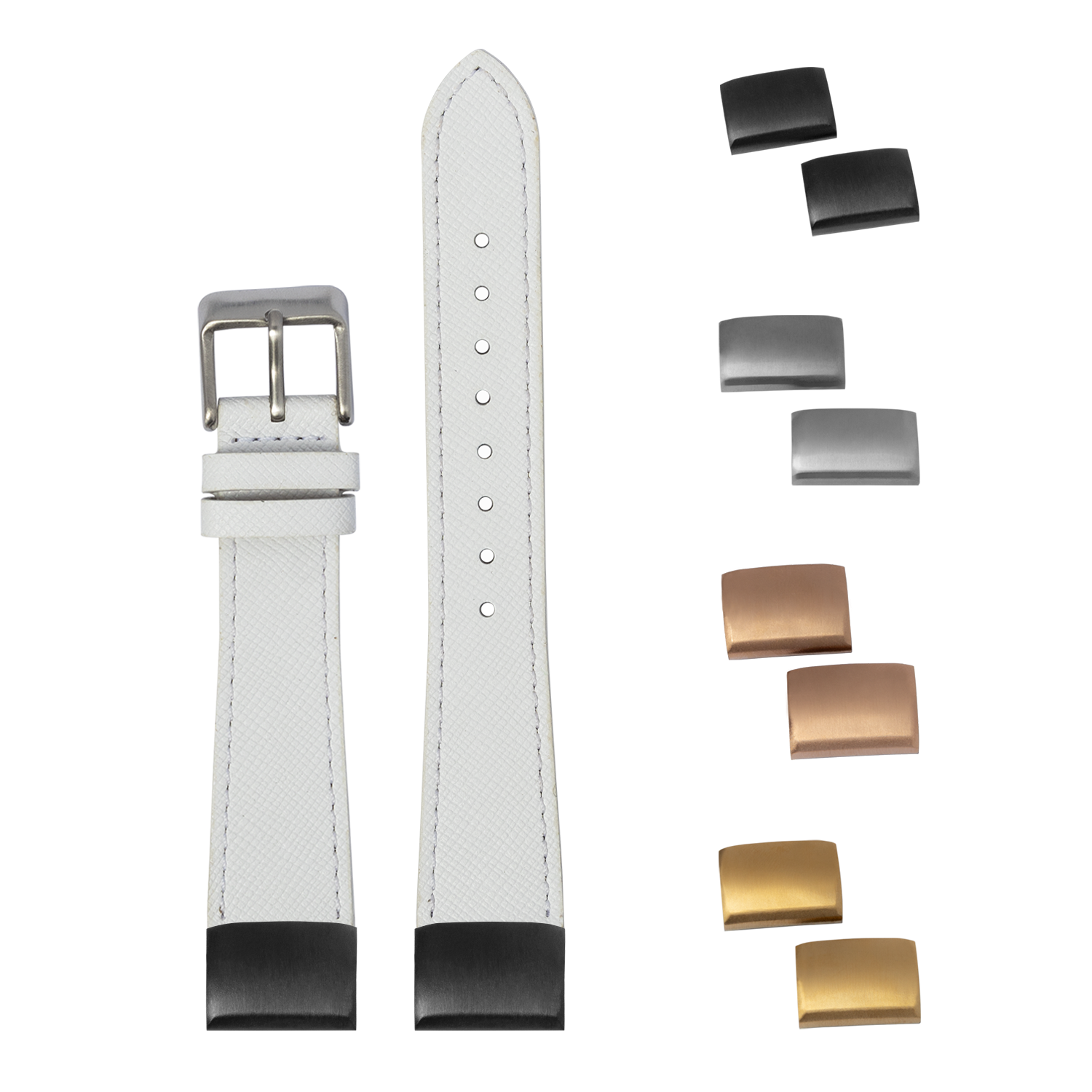 White Saffiano leather watch band 20mm with interchangeable buckle and metal keeper loops in silver, bronze and gold finishes