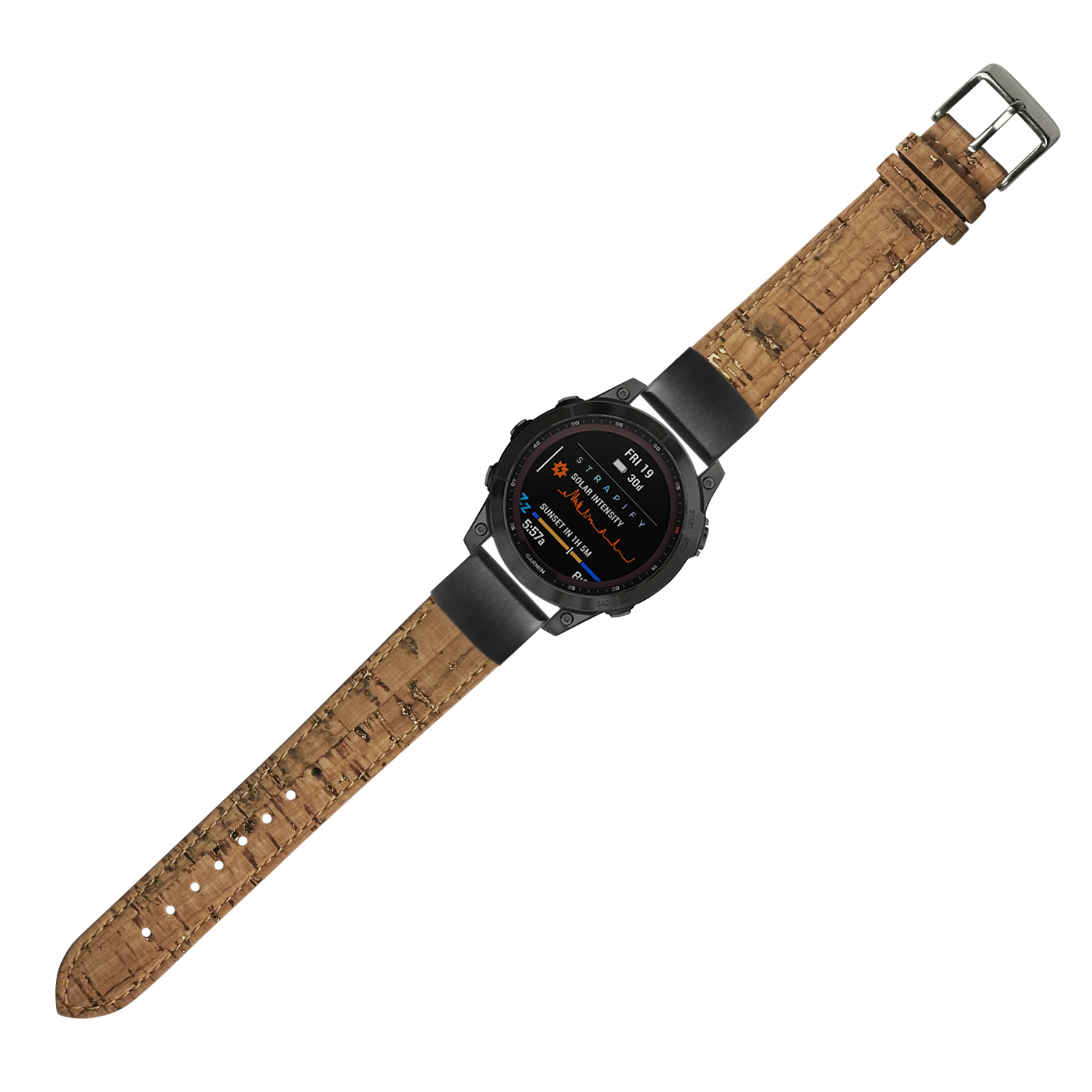 Black digital smartwatch with cork vegan leather brown strap and metal buckle on white background