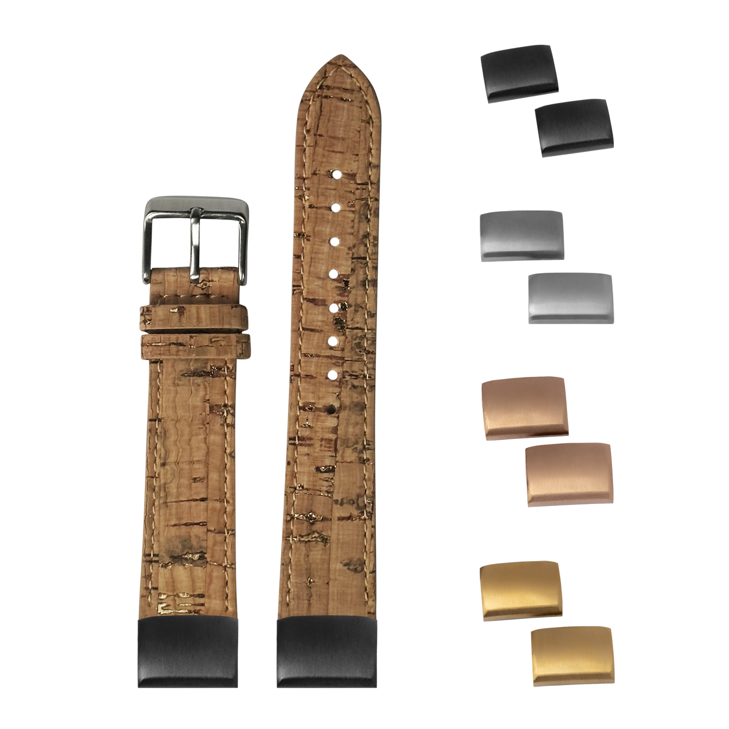 Brown cork vegan leather watch strap 20mm with interchangeable metal buckles and keepers