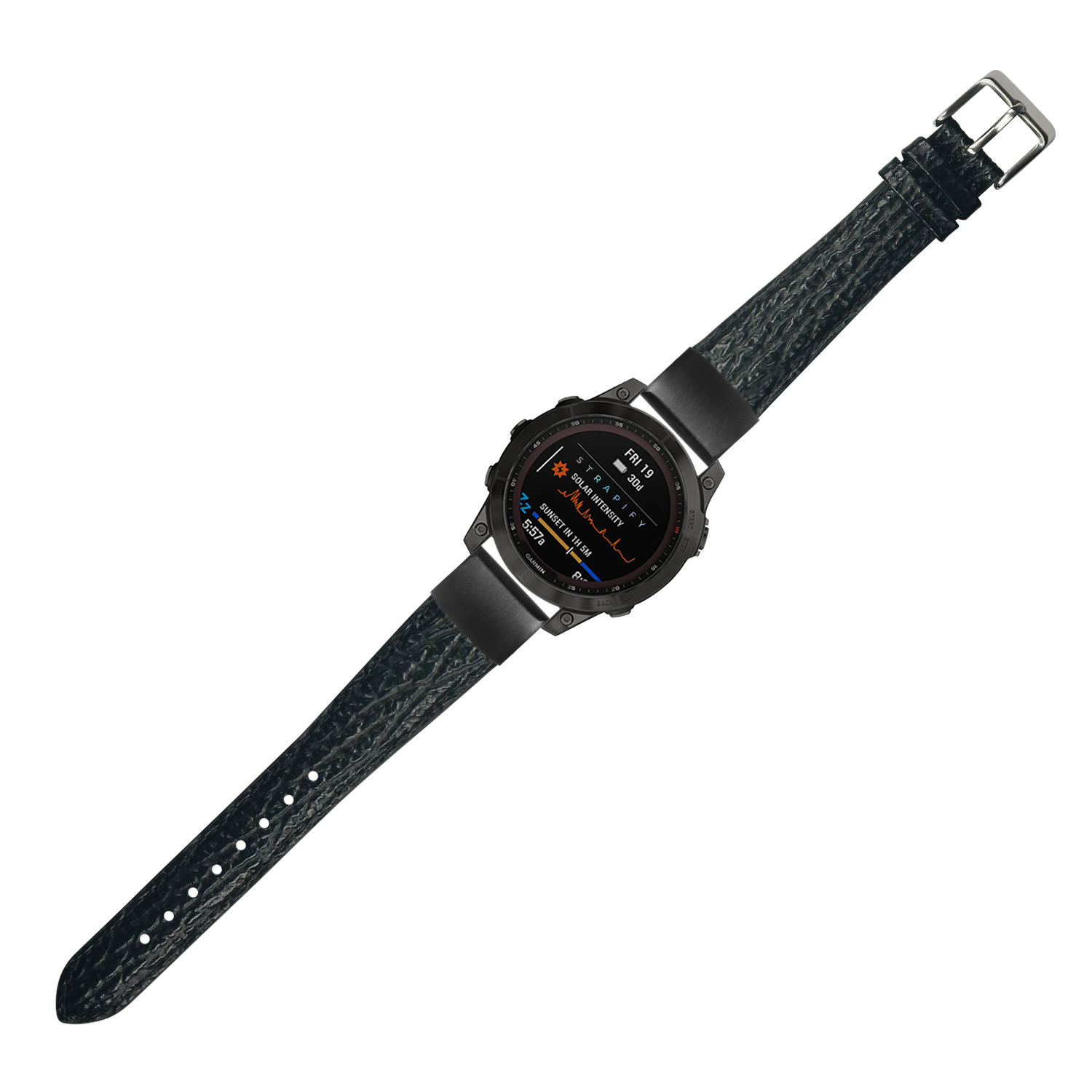 Black faux sharkskin QuickFit 20mm watch band with textured fabric strap and silver buckle hardware