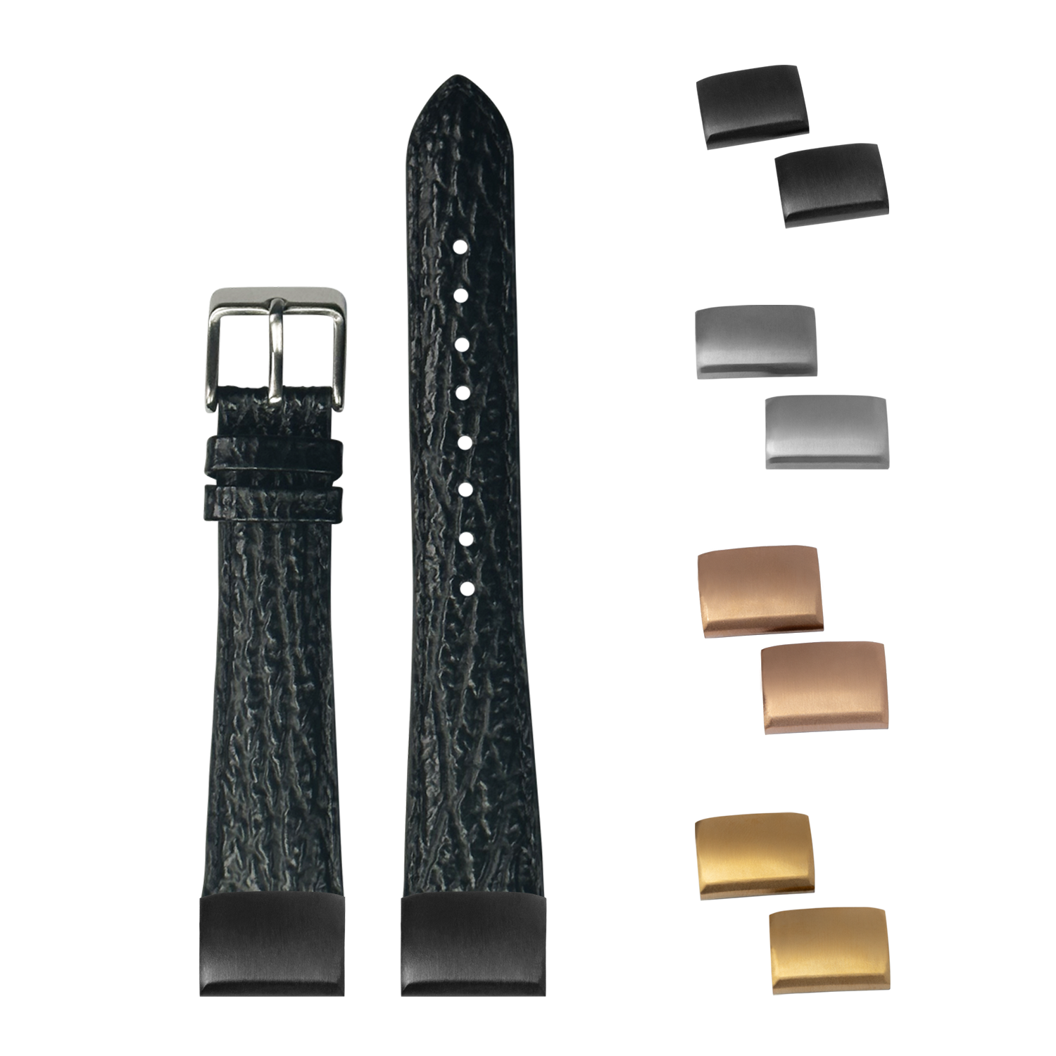 Black faux sharkskin quick-release watch band 20mm with interchangeable metal buckles in silver, rose gold and gold finishes