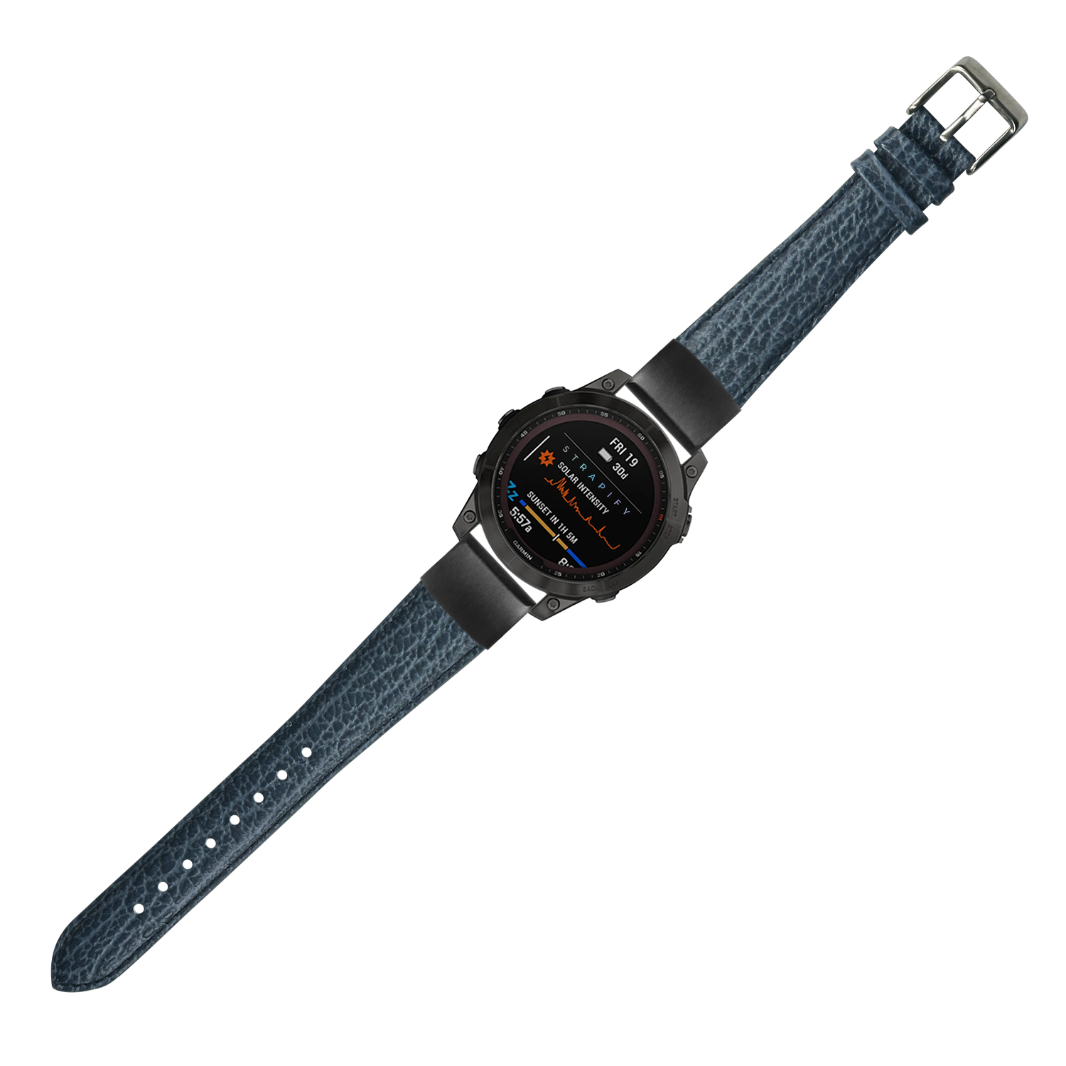 Tactical smartwatch with black case and blue faux sharkskin QuickFit watch band displaying digital metrics on AMOLED screen