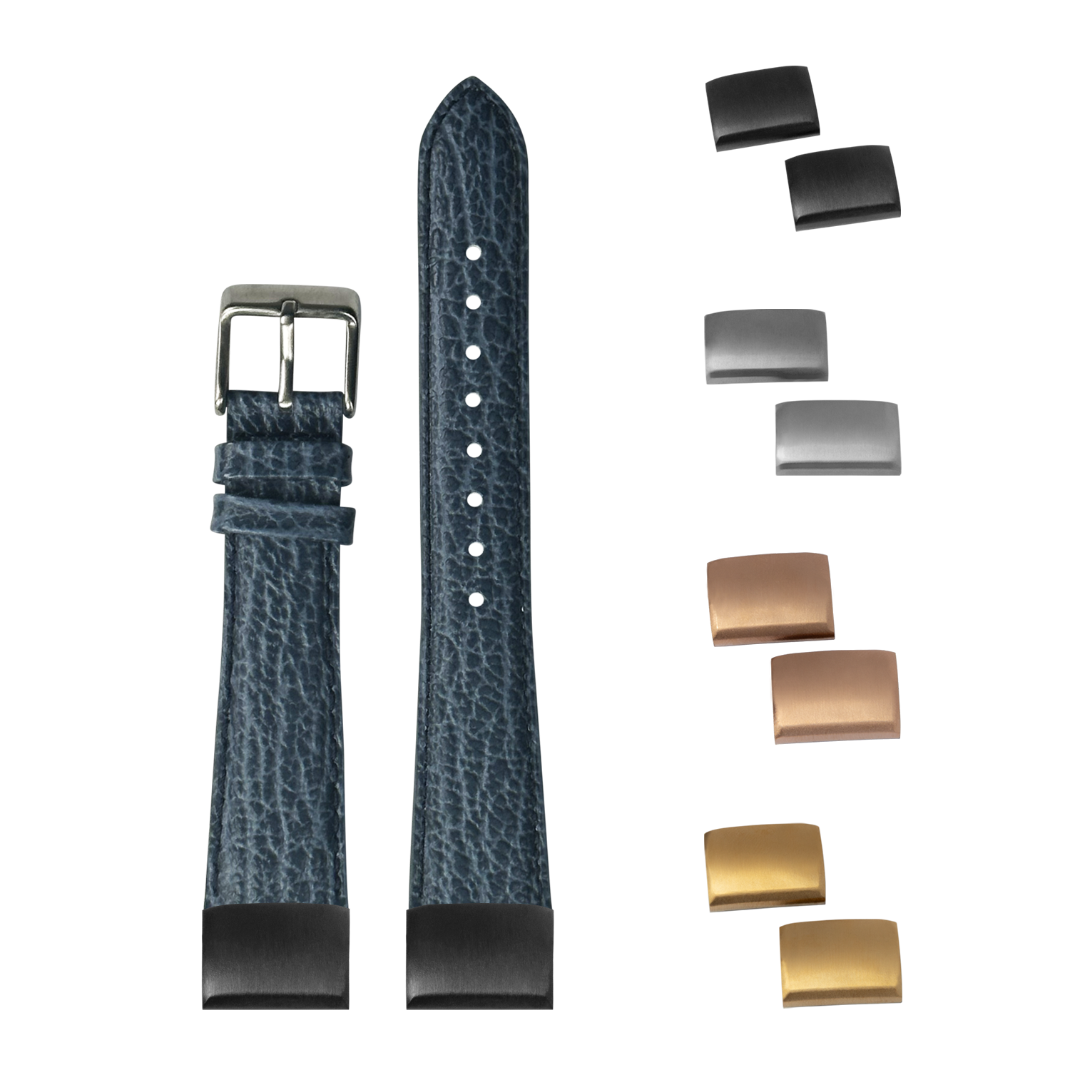 Blue faux sharkskin QuickFit watch strap 20mm with interchangeable buckles in silver, gold, and gunmetal finishes