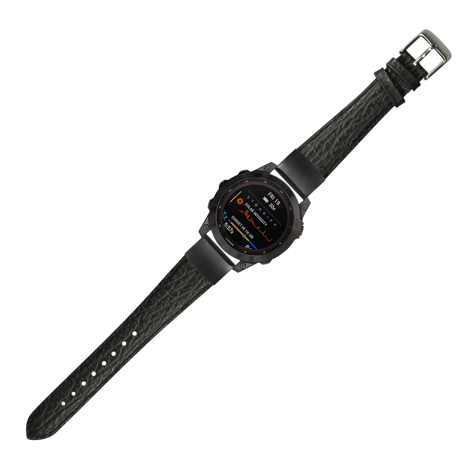 Black digital smartwatch with faux sharkskin grey band and orange data display on AMOLED screen