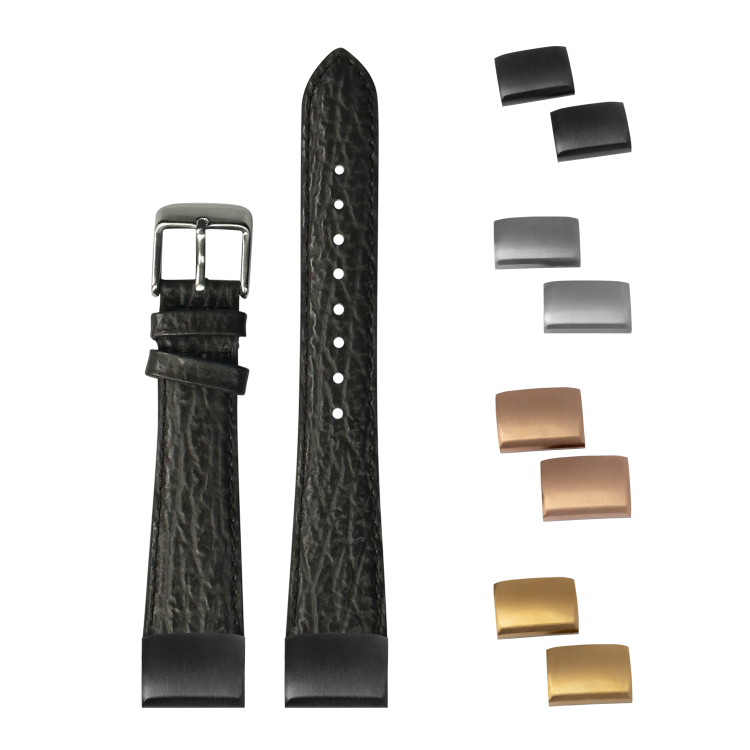 QuickFit faux sharkskin grey 20mm watch strap with interchangeable metal buckles and lugs in black, silver, rose gold and gold finishes