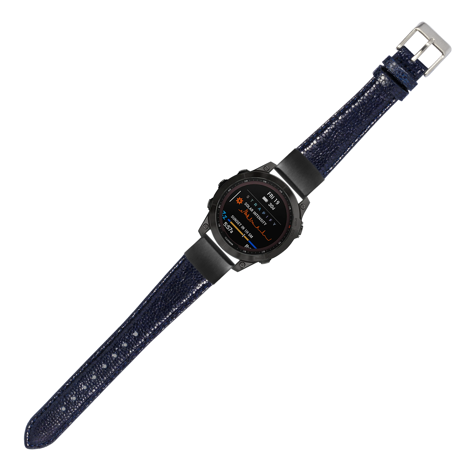 Black digital smartwatch with navy blue faux stingray leather strap and silver buckle, displaying fitness metrics on AMOLED screen