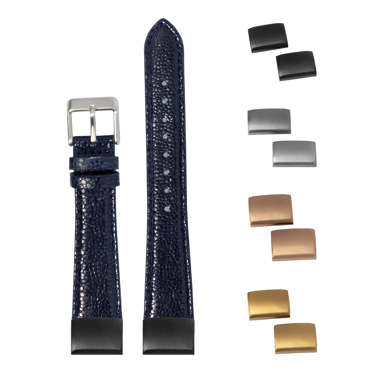 Navy blue textured watch band with interchangeable metal buckles and quick-fit system for easy strap changes