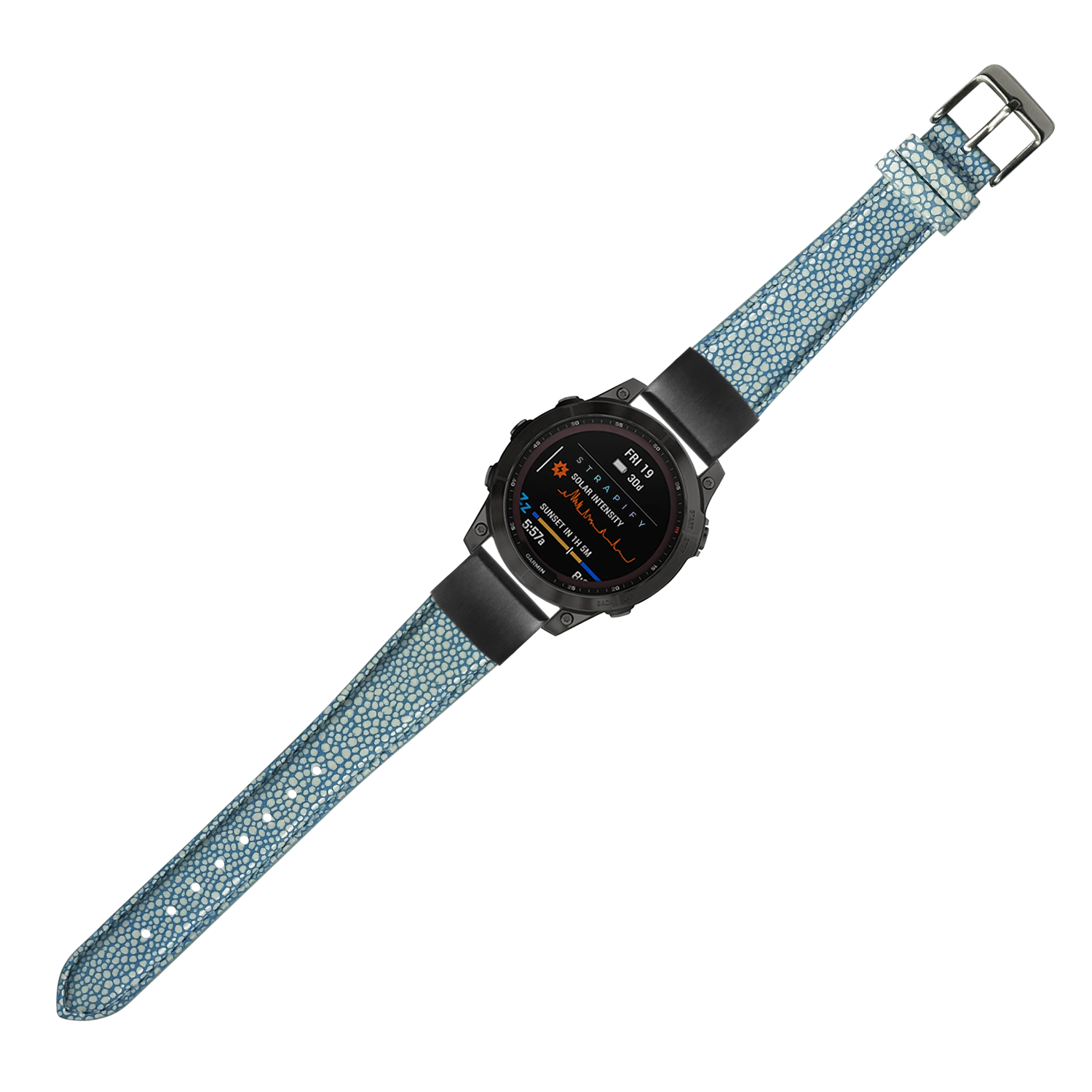 Tactical smartwatch with black digital display and blue textured faux stingray QuickFit watch band, isolated on white background
