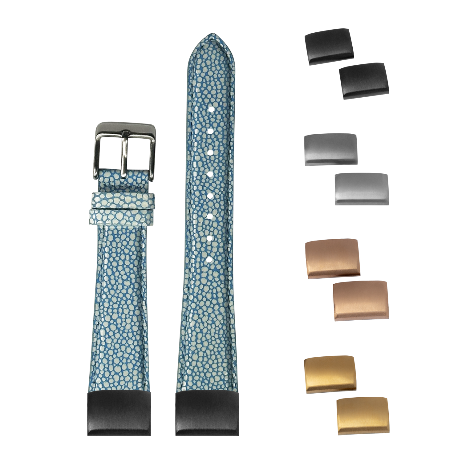Blue faux stingray quick-fit watch band with interchangeable buckles in black, silver, and gold finishes