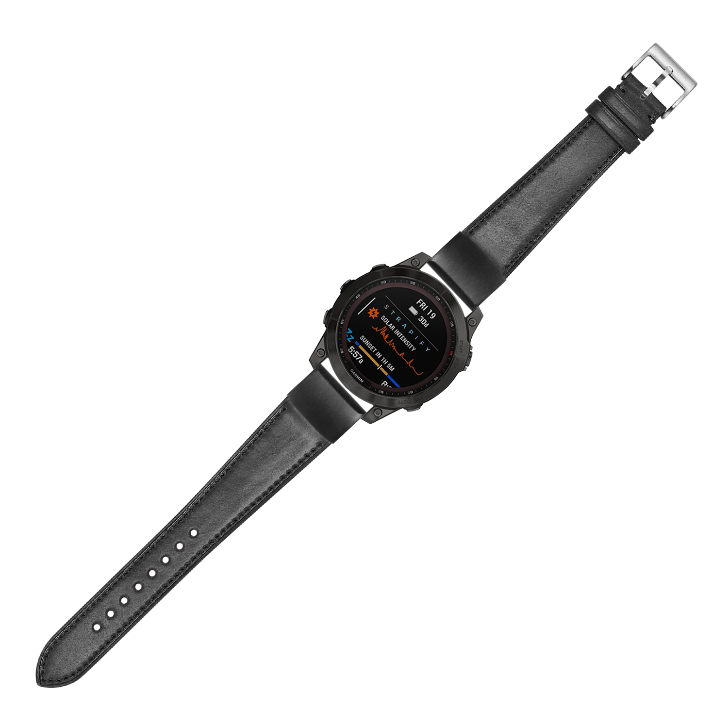 Black leather smartwatch band with Horween Shell Cordovan material, quick-fit 20mm connector, silver buckle, displayed on digital watch face