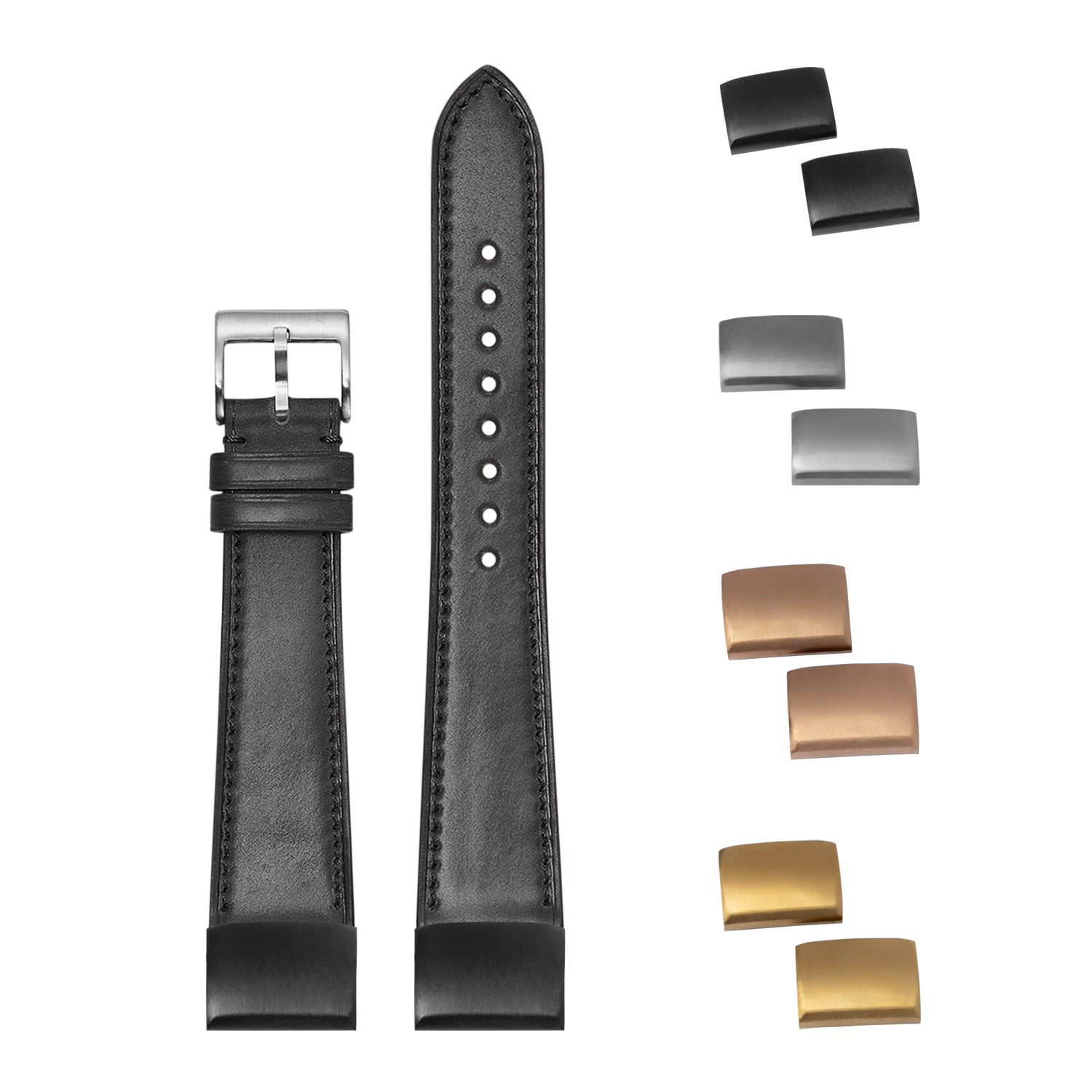 Black Horween Shell Cordovan QuickFit watch strap 20mm with interchangeable metal buckles in silver, gold, and bronze