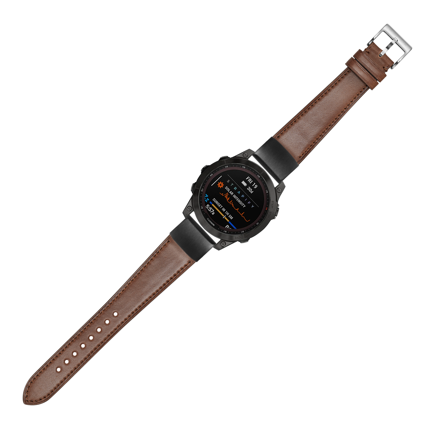 Smartwatch with black dial and brown Horween Shell Cordovan leather strap, silver buckle, displaying multicolor digital interface and date information