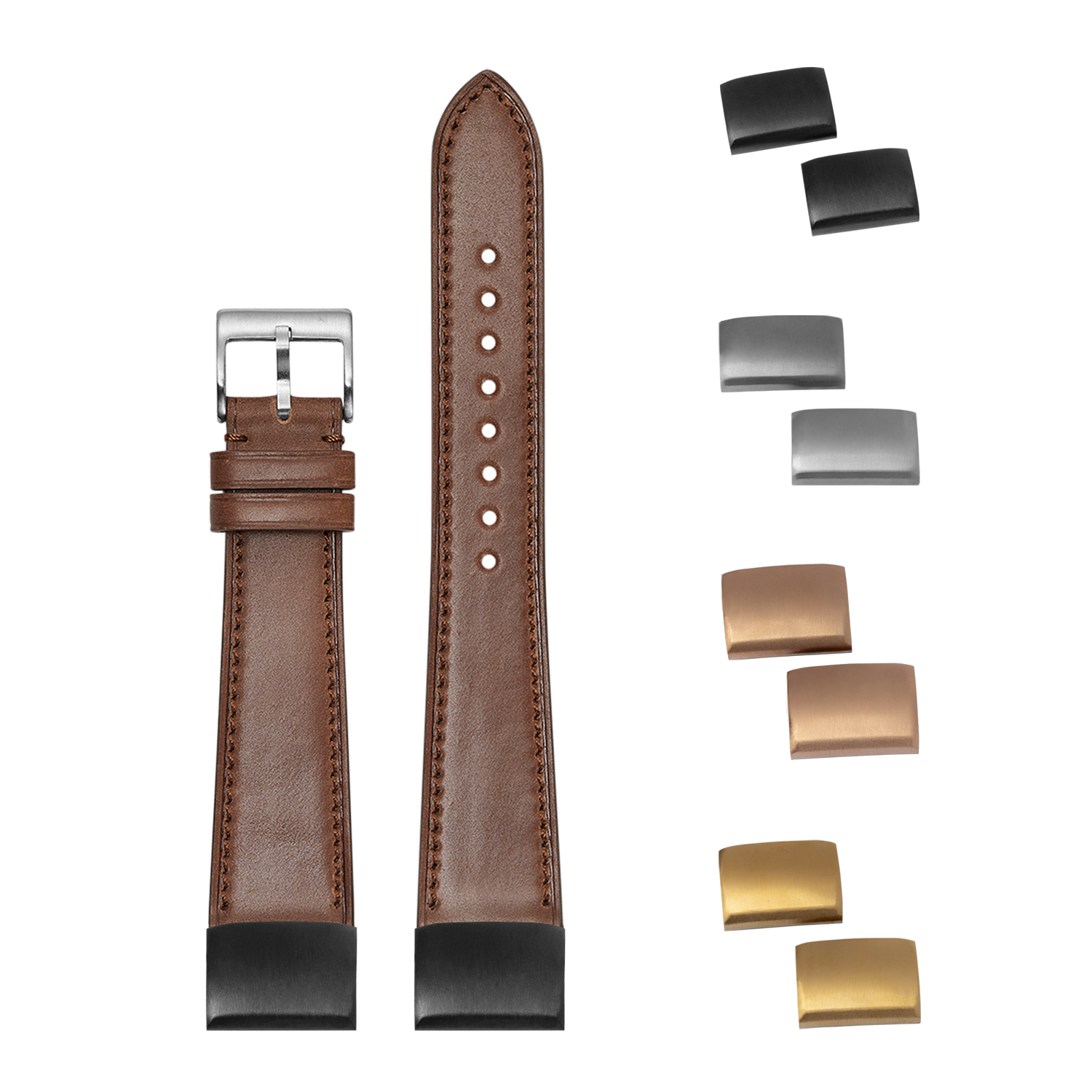 Horween Shell Cordovan bourbon leather watch band 20mm with interchangeable metal buckles in silver, gunmetal, rose gold, and gold finishes