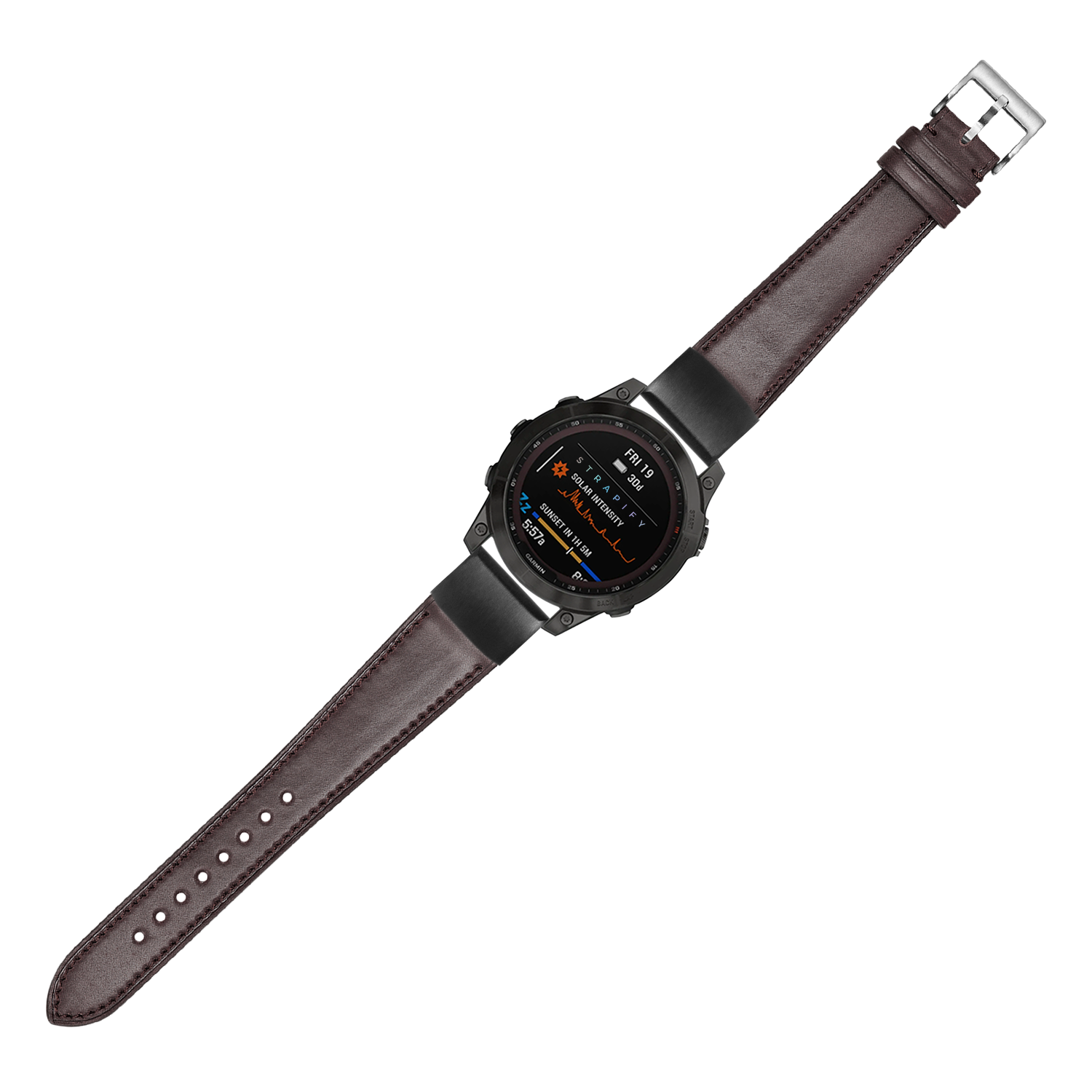Black digital smartwatch with brown Horween Shell Cordovan leather strap and silver buckle