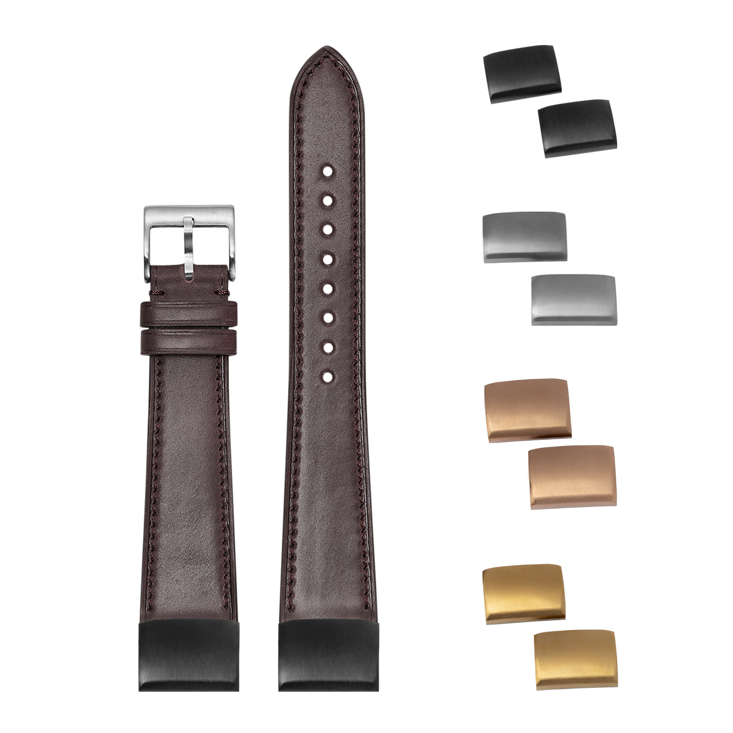 Horween Shell Cordovan Brandy 20mm QuickFit watch strap with interchangeable metal buckles in silver, gunmetal, rose gold and gold finishes
