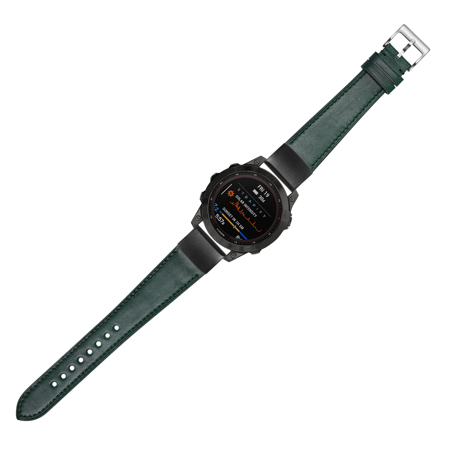 Black digital sports watch with green leather Horween Shell Cordovan band, AMOLED touchscreen display, and silver buckle