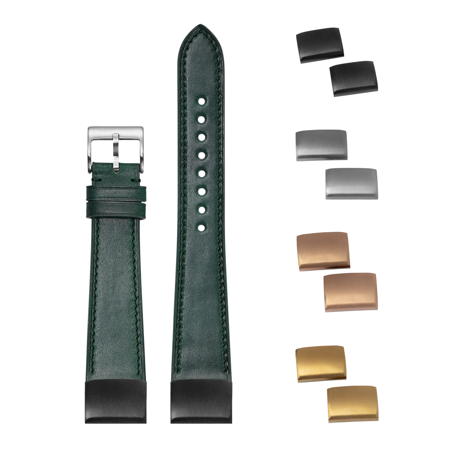Green leather watch strap with interchangeable metal buckles, QuickFit 20mm Horween Shell Cordovan band with silver and gold hardware options