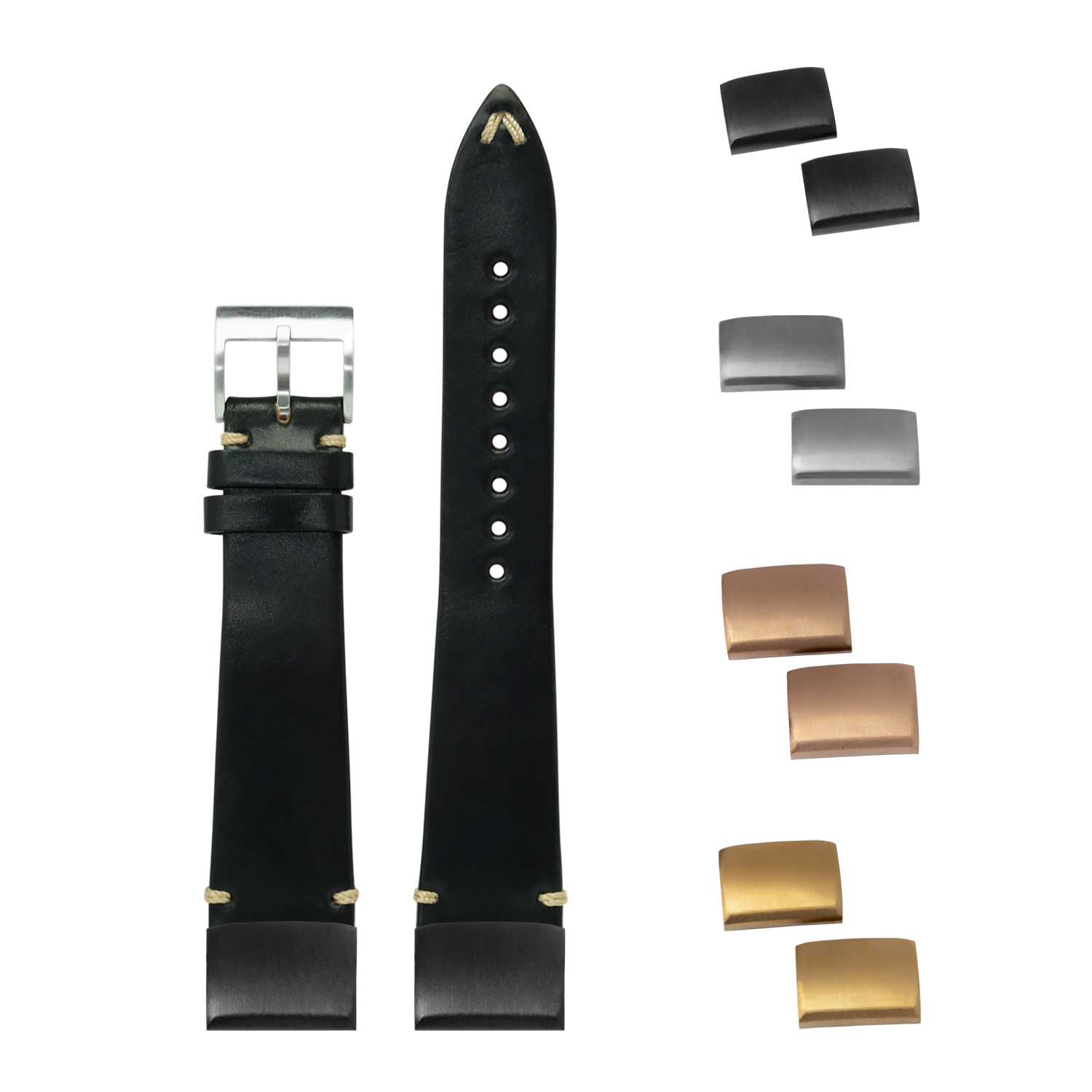 Black Horween Shell Cordovan quick fit watch band 20mm with interchangeable metal buckles in silver, gunmetal, rose gold and gold finishes