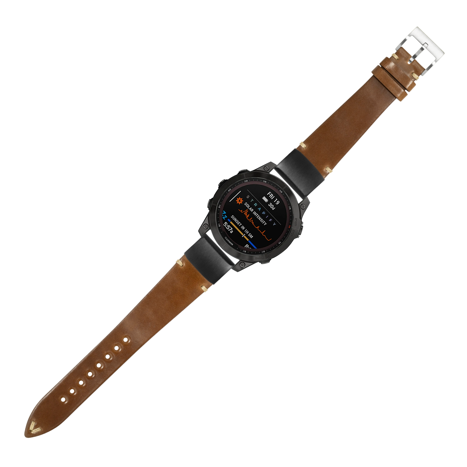 Black digital smartwatch with brown leather Horween Shell Cordovan strap and silver buckle, featuring AMOLED display and fitness tracking capabilities