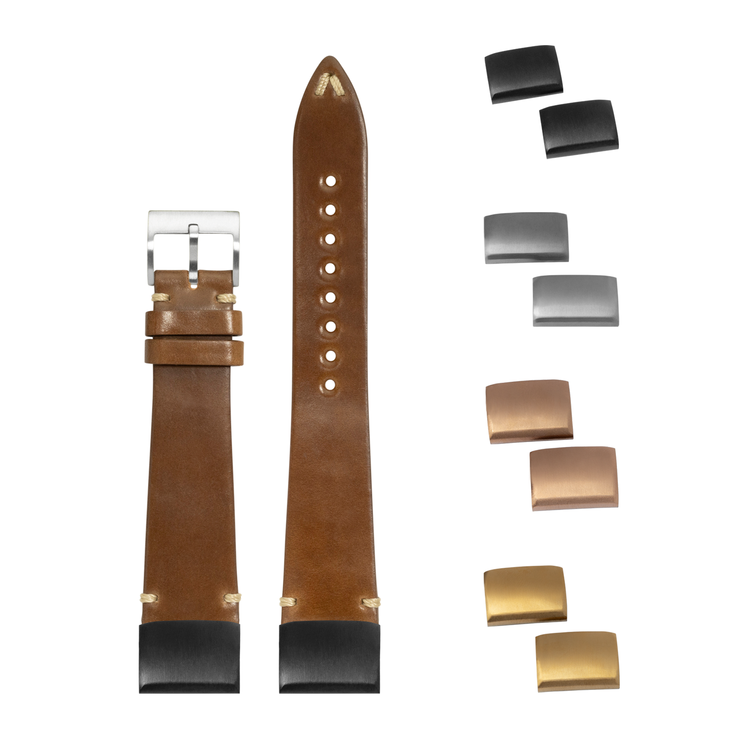Brown leather watch strap with interchangeable buckles and endlinks in silver, gunmetal, rose gold and gold finishes