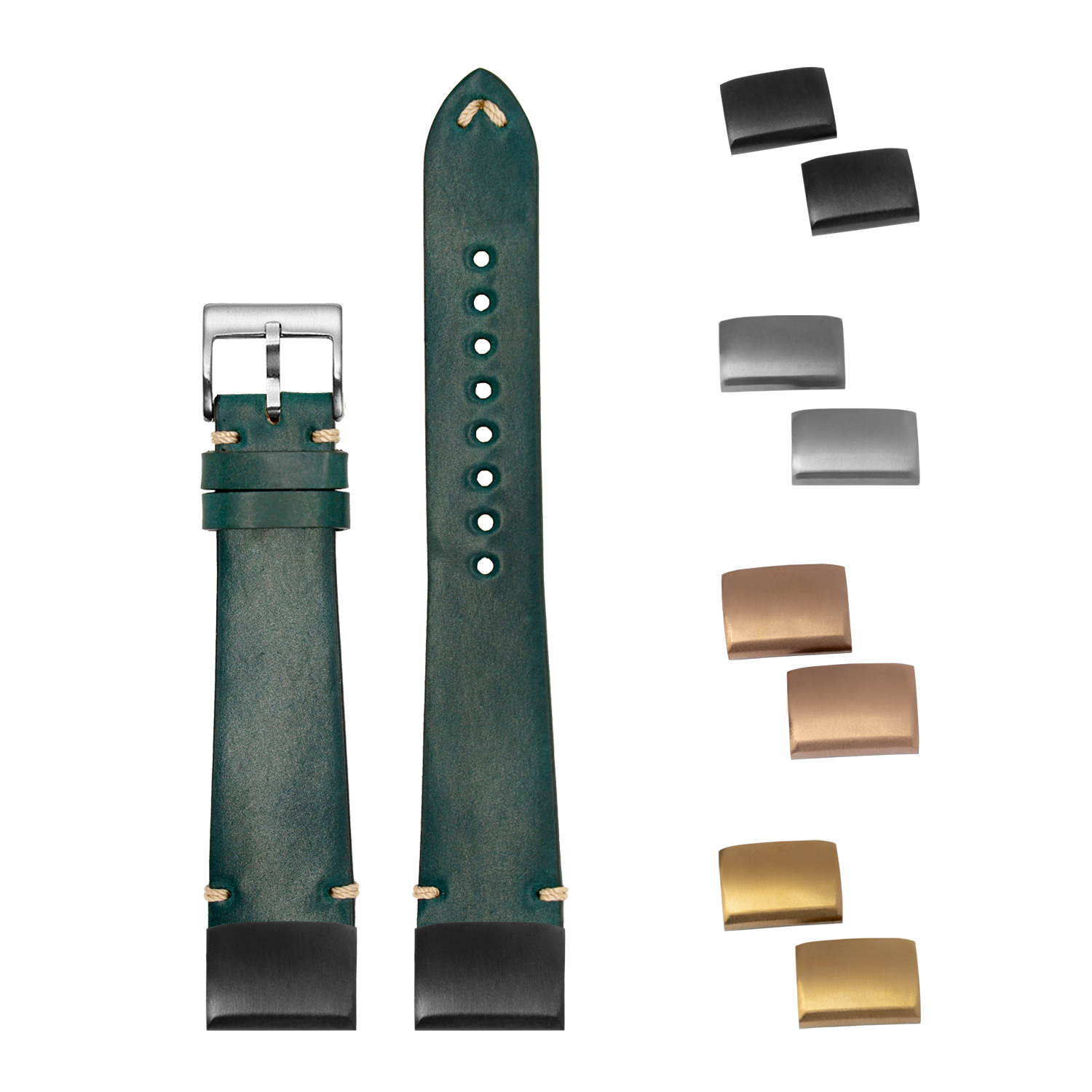 Green Horween Shell Cordovan QuickFit watch strap 20mm with interchangeable buckles and end links