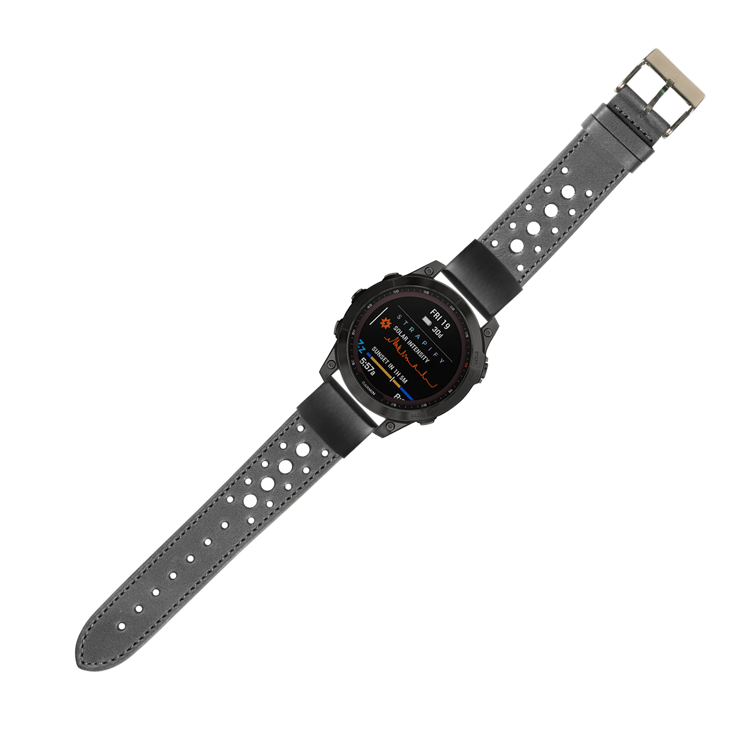Black leather QuickFit watch band with perforated design and silver buckle, 20mm width, featuring ventilation holes for sports wear