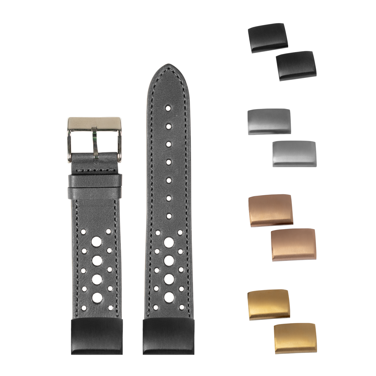 QuickFit Daytona black leather watch strap 20mm with perforated design, interchangeable buckles and keepers included