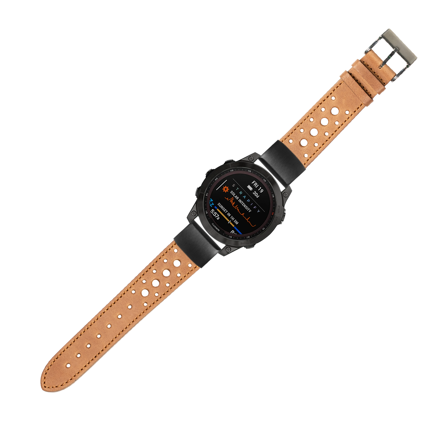 Black digital smartwatch with tan perforated leather QuickFit band and metal buckle