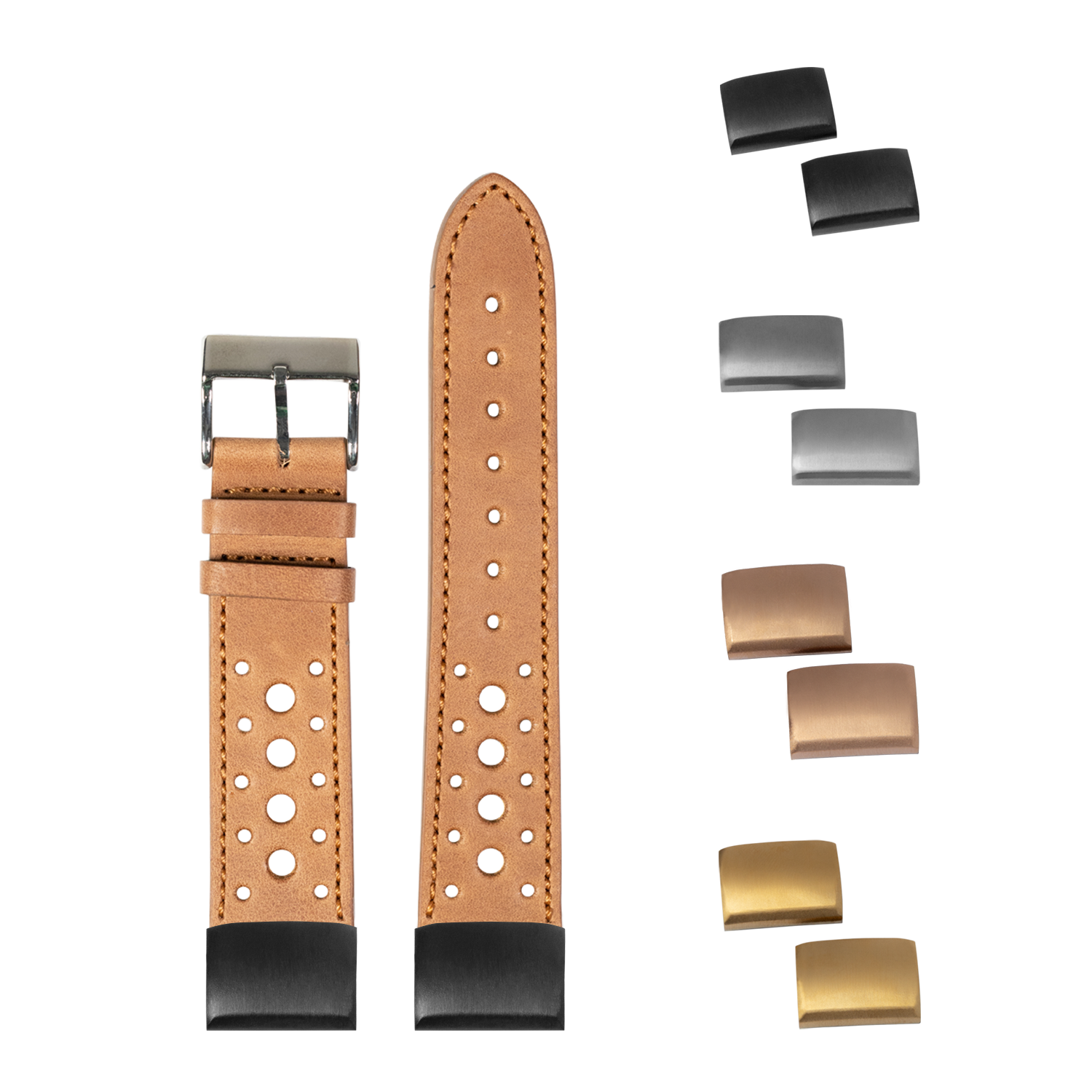 Brown leather racing watch strap with perforated design, quick-release pins and interchangeable metal buckles in black, silver and gold finishes
