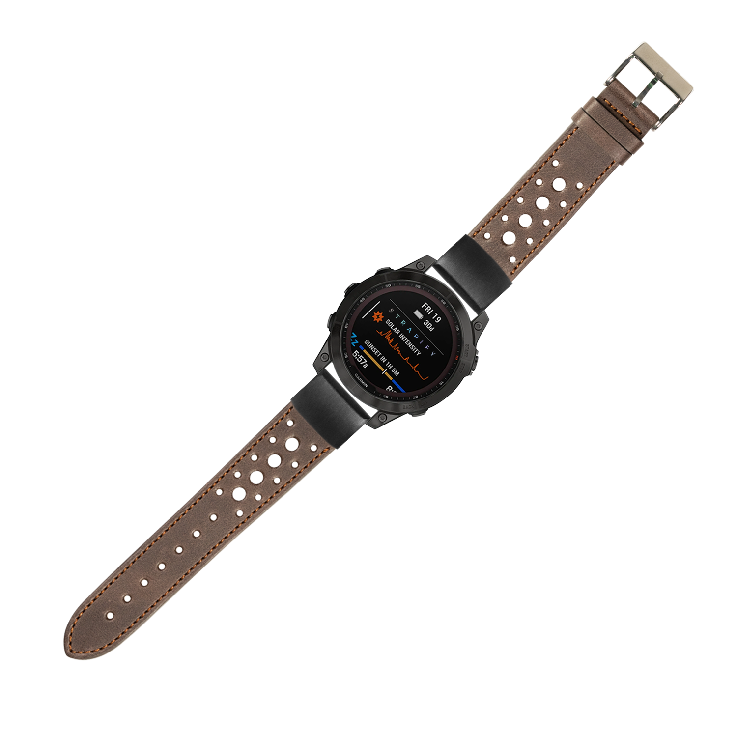 Black digital smartwatch with dark brown perforated leather QuickFit band and metal buckle