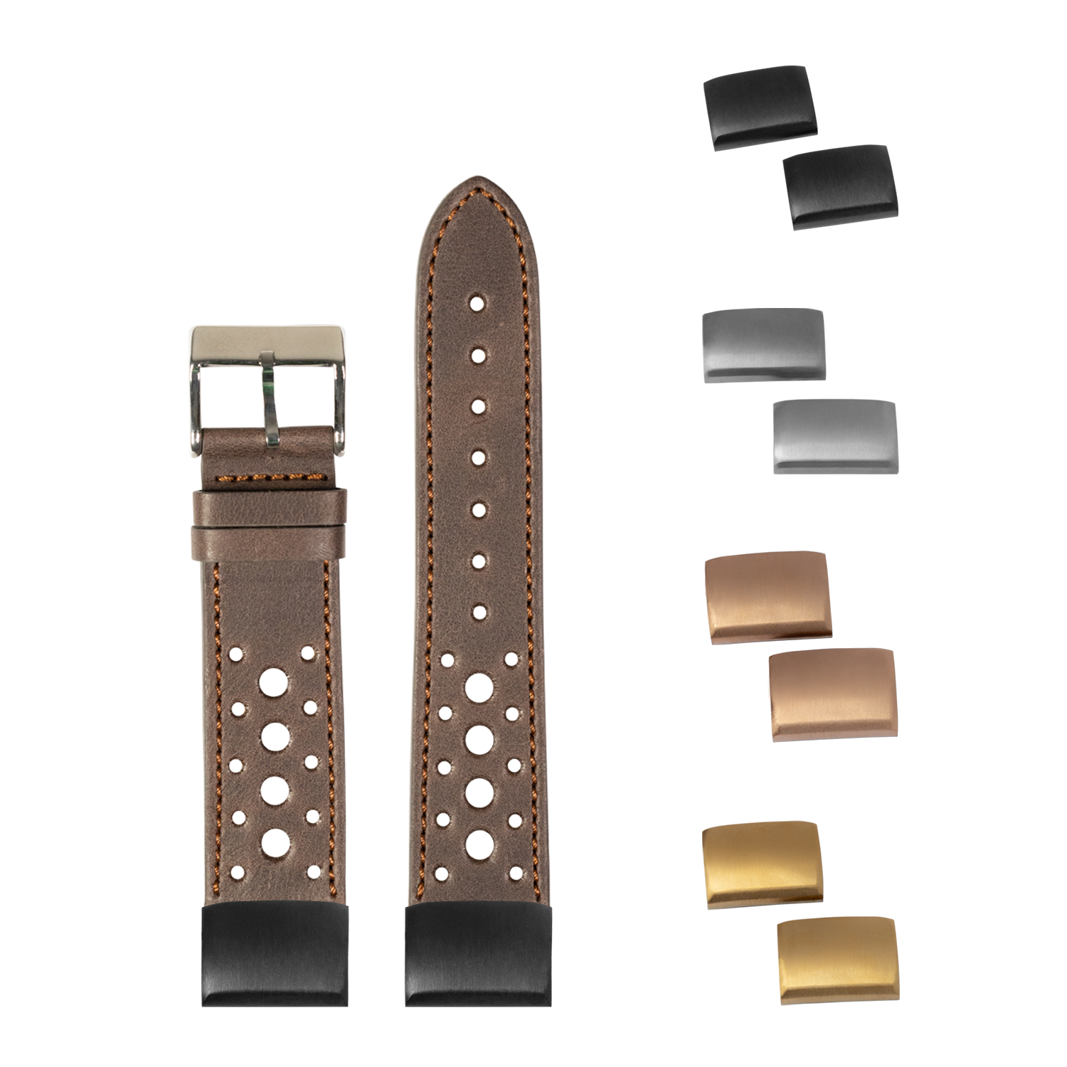 Brown leather Daytona QuickFit watch strap 20mm with perforated design, interchangeable metal buckles, and black rubber base
