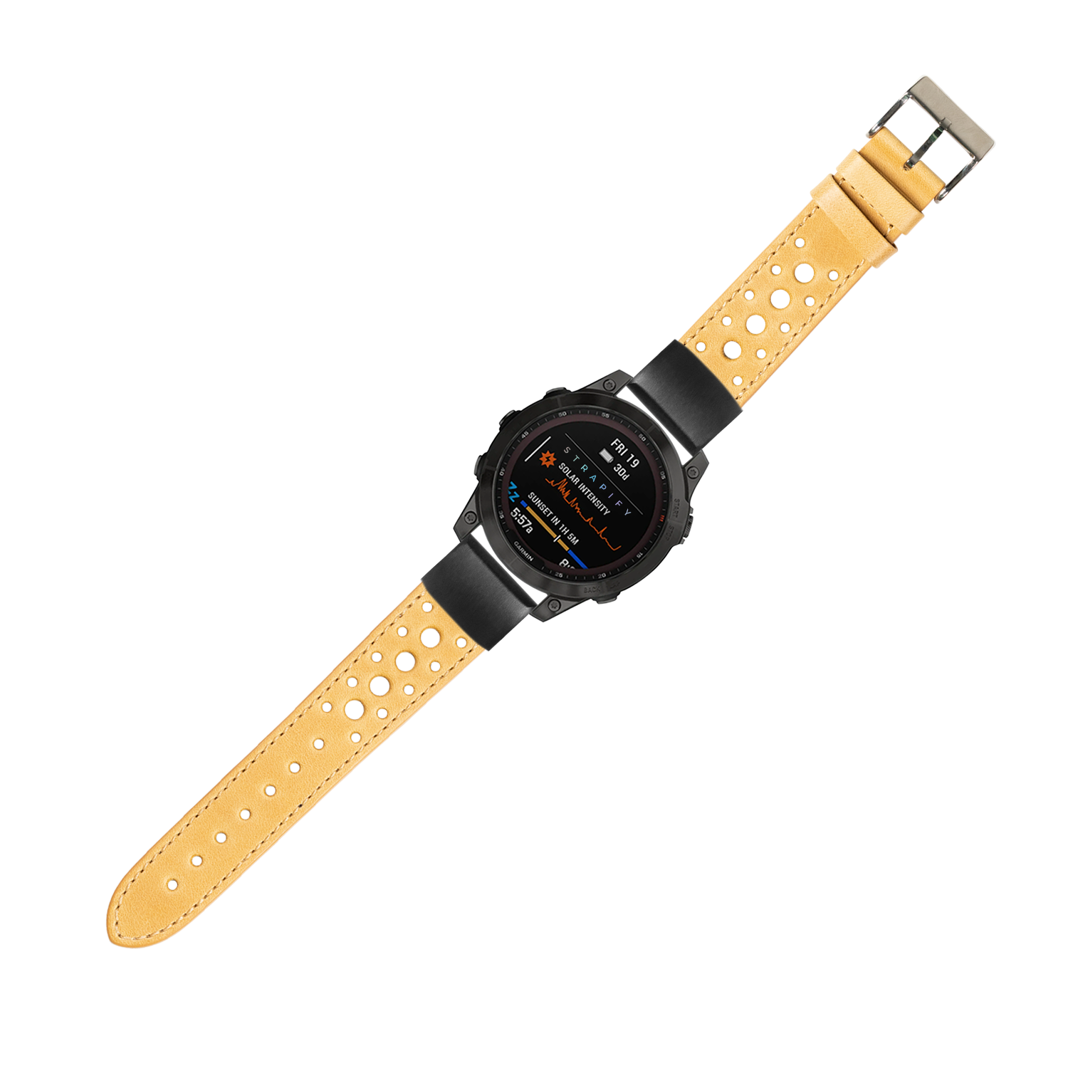 Black smartwatch with golden brown perforated leather QuickFit band and digital display showing fitness metrics