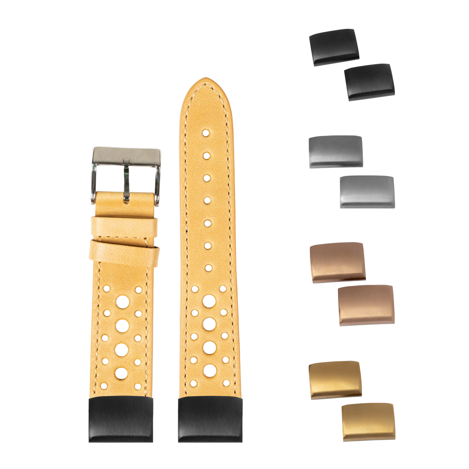 Tan leather perforated quick release watch band with metal buckle and interchangeable clasp options in gold and silver finishes