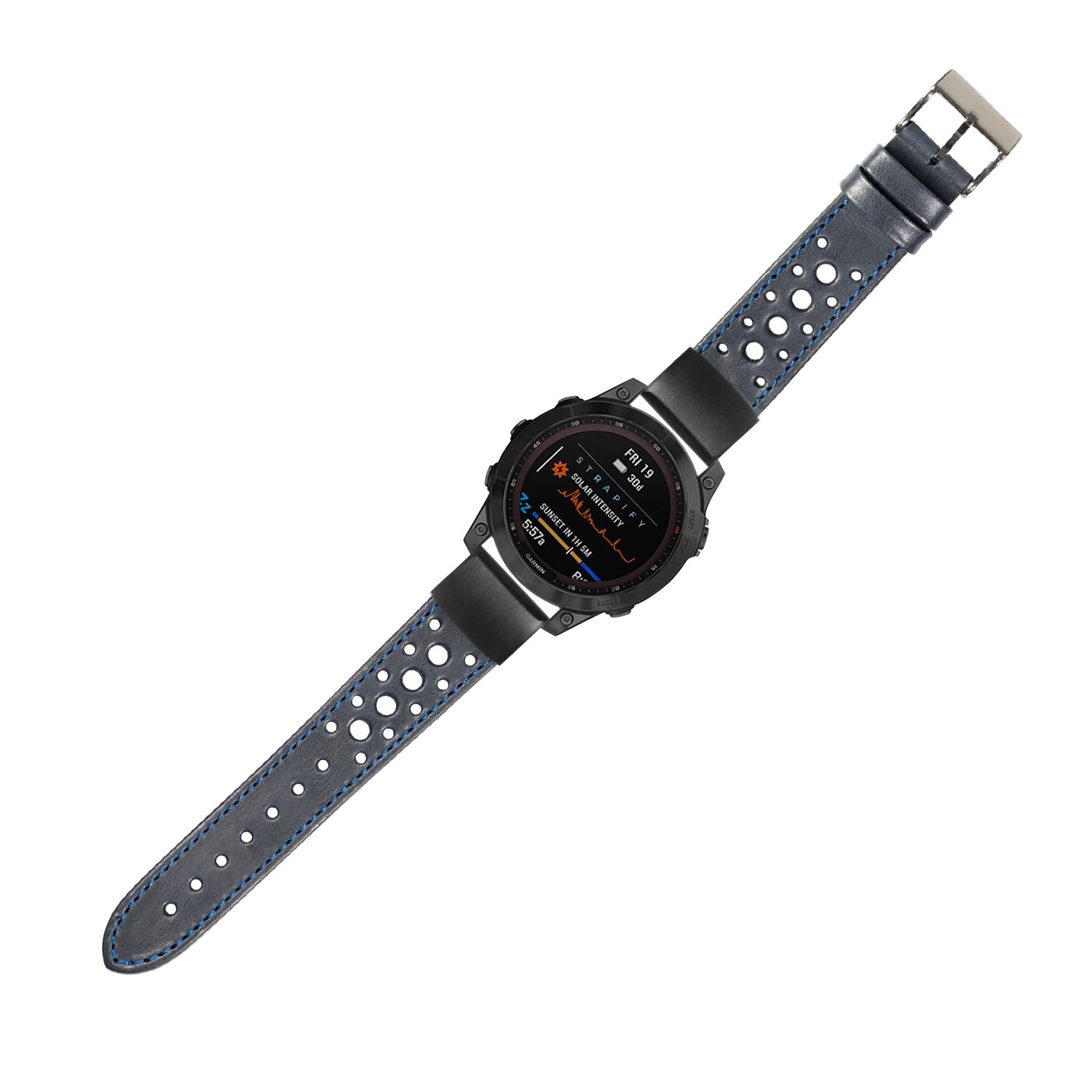 Black digital smartwatch with navy blue perforated leather QuickFit band, displaying fitness metrics on AMOLED screen