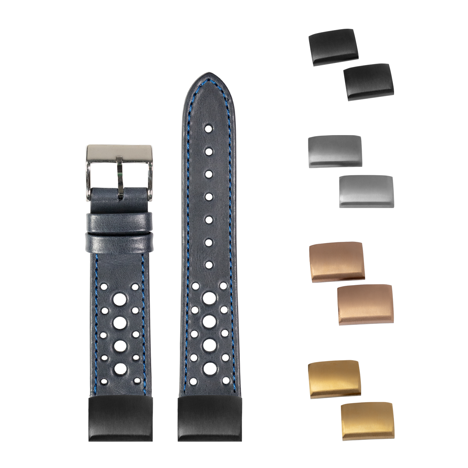 QuickFit leather Daytona watch strap 20mm navy blue with perforated design and interchangeable buckles