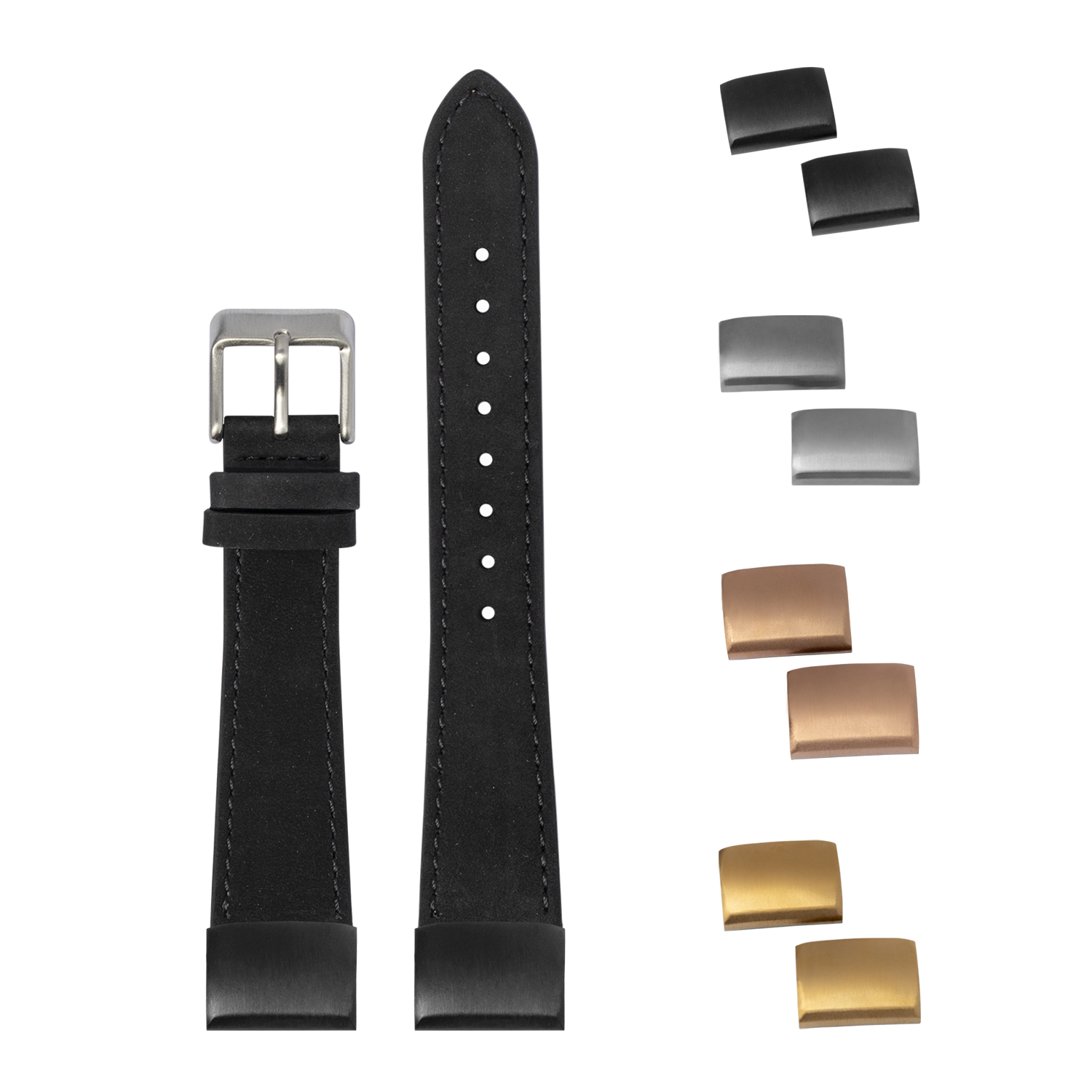 Black nubuck leather watch band 20mm with interchangeable metal buckles in silver, gold and bronze finishes