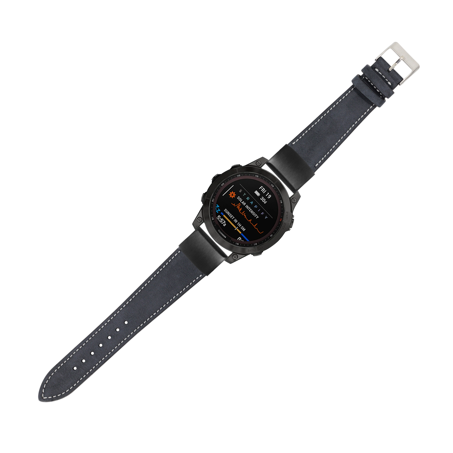 Black nubuck leather smartwatch band with white stitching and quick-fit connector, 20mm width