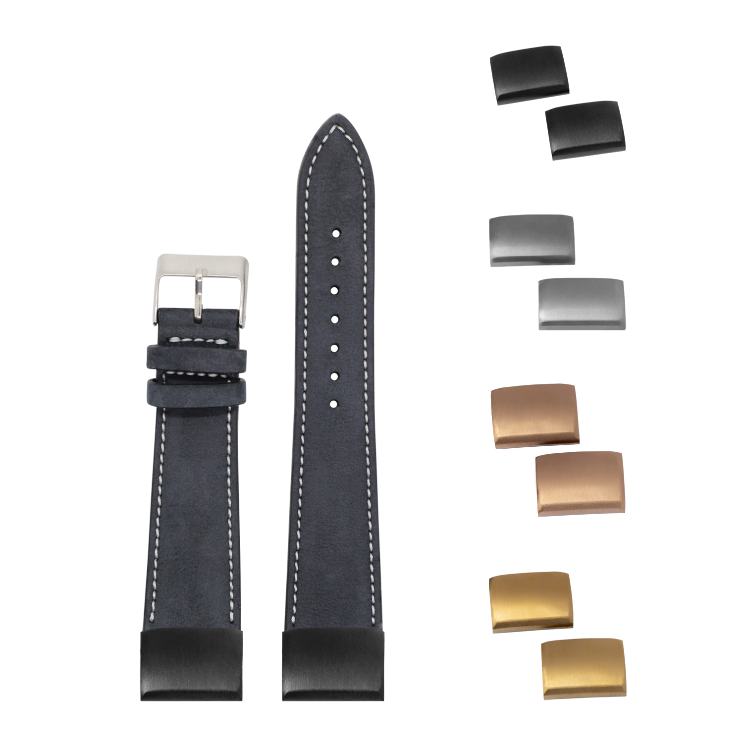 Black nubuck leather 20mm quick-fit watch band with white stitching, silver buckle and interchangeable metal clasps