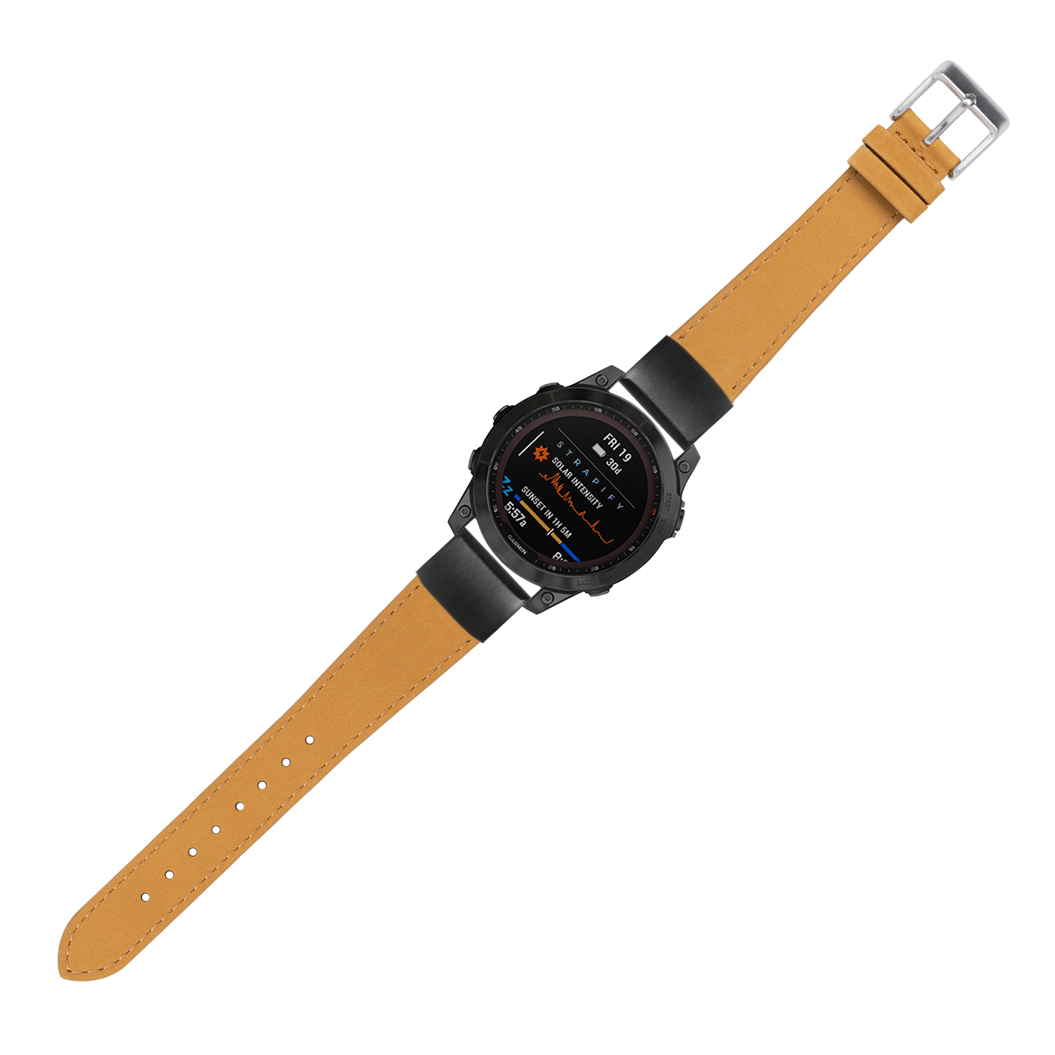 Black smartwatch with round AMOLED display and tan nubuck leather QuickFit strap with metal buckle