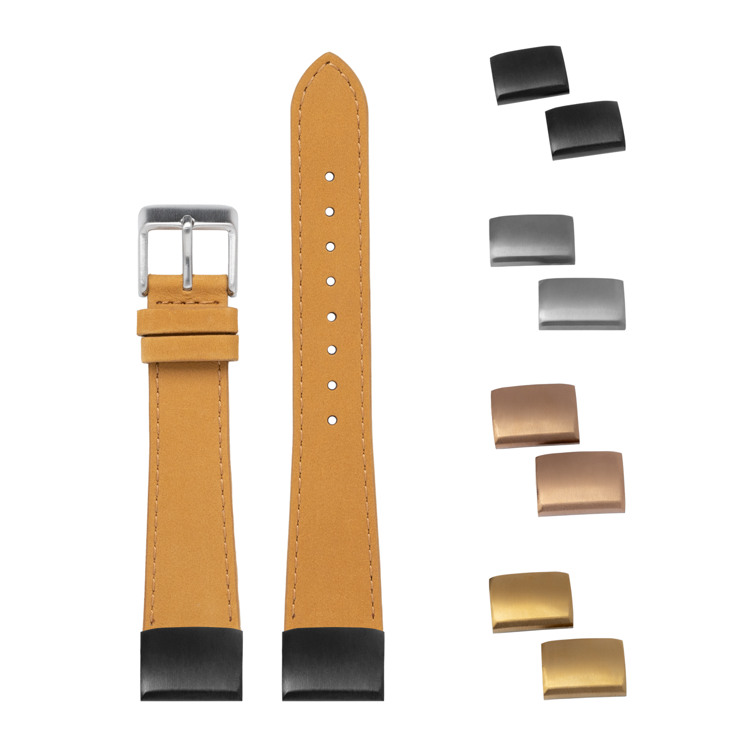 QuickFit nubuck leather watch strap in tan brown 20mm with interchangeable metal buckles in silver, gunmetal, rose gold and gold finishes