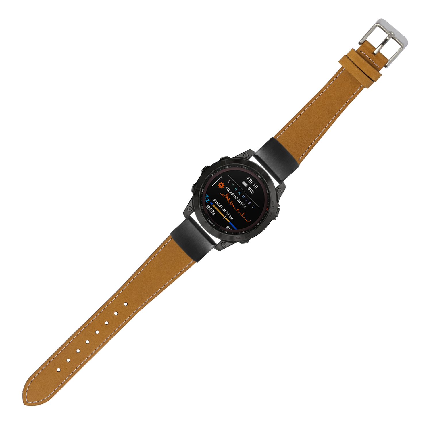 Black smartwatch with brown nubuck leather strap and white stitching, digital display showing time and fitness metrics