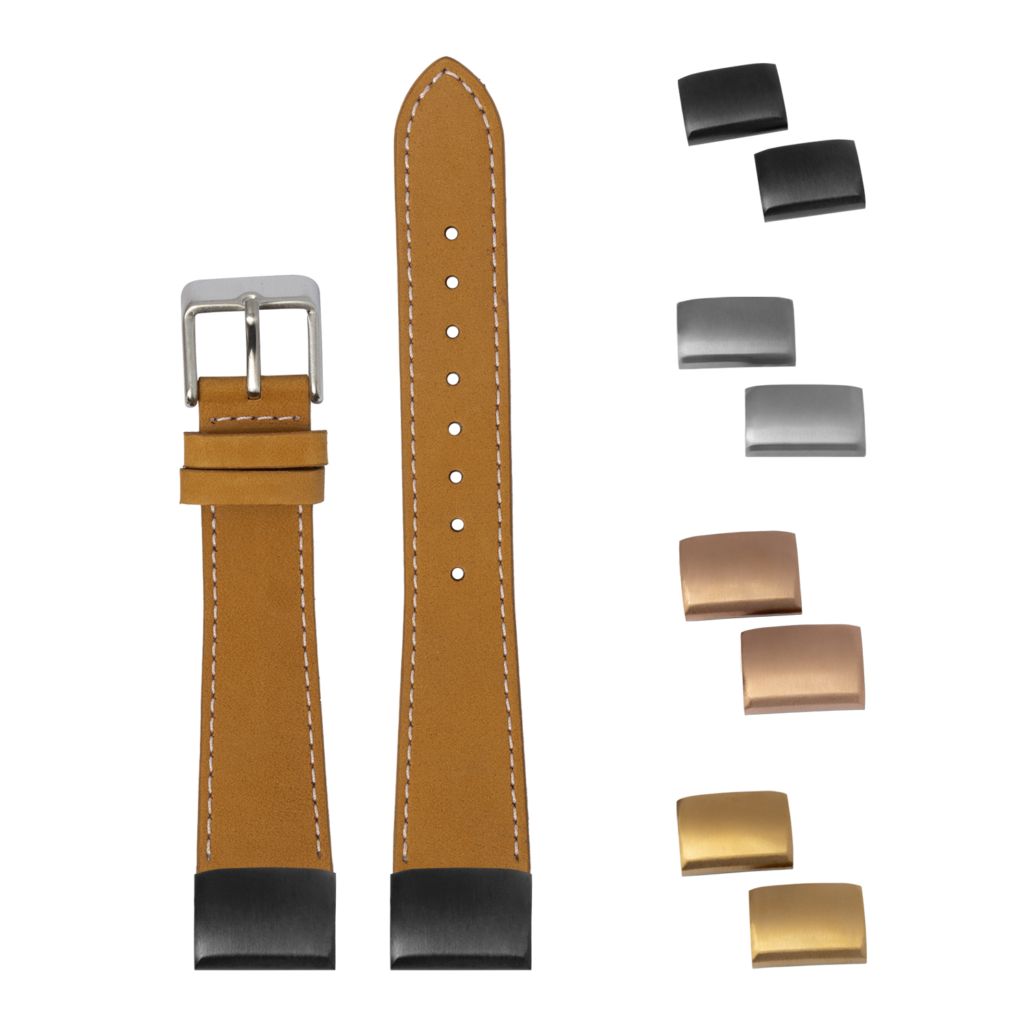 Tan nubuck leather watch strap 20mm with white stitching, interchangeable buckles and end links in silver, black and gold finishes